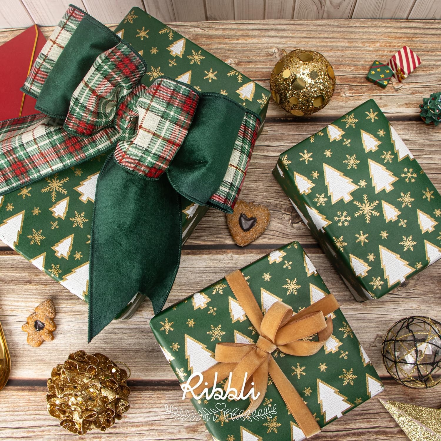 Ribbli Christmas Wrapping Paper Christmas Tree with Gold Foil Brown Kraft Gift Wrapping Paper Rolls-17 Inch x 33 Feet Per roll(Green/White/Gold)