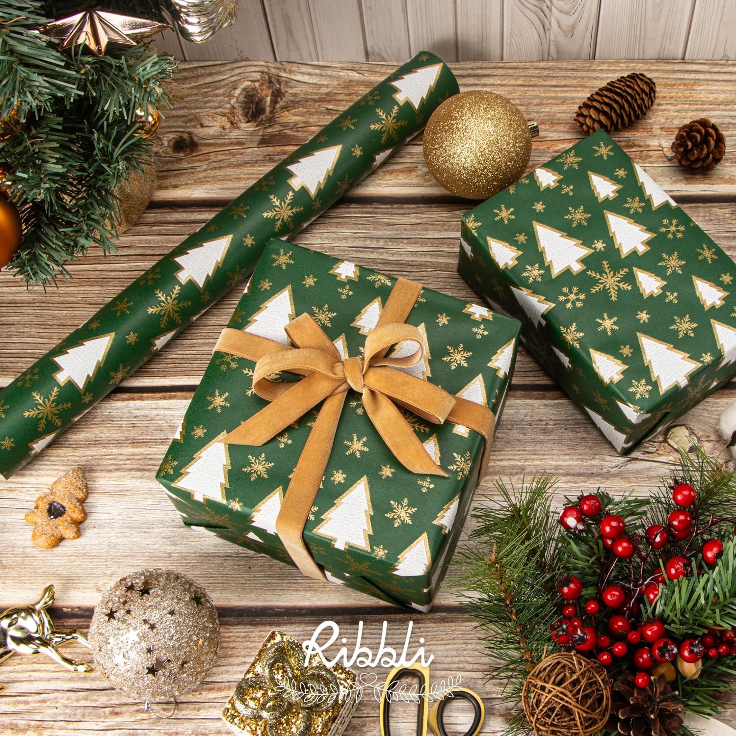 Ribbli Christmas Wrapping Paper Christmas Tree with Gold Foil Brown Kraft Gift Wrapping Paper Rolls-17 Inch x 33 Feet Per roll(Green/White/Gold)