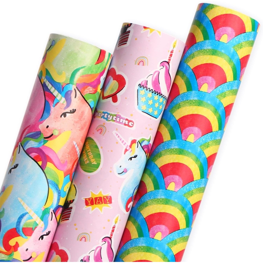 Ribbli Birthday Wrapping Paper 3 Rolls Colorful Balloon Stripe and Iridescent Happy Birthday Wrapping Paper for Kids- Mini Roll 17 inch x 120 inch(10feet) Per Roll(Rainbow Unicorn)