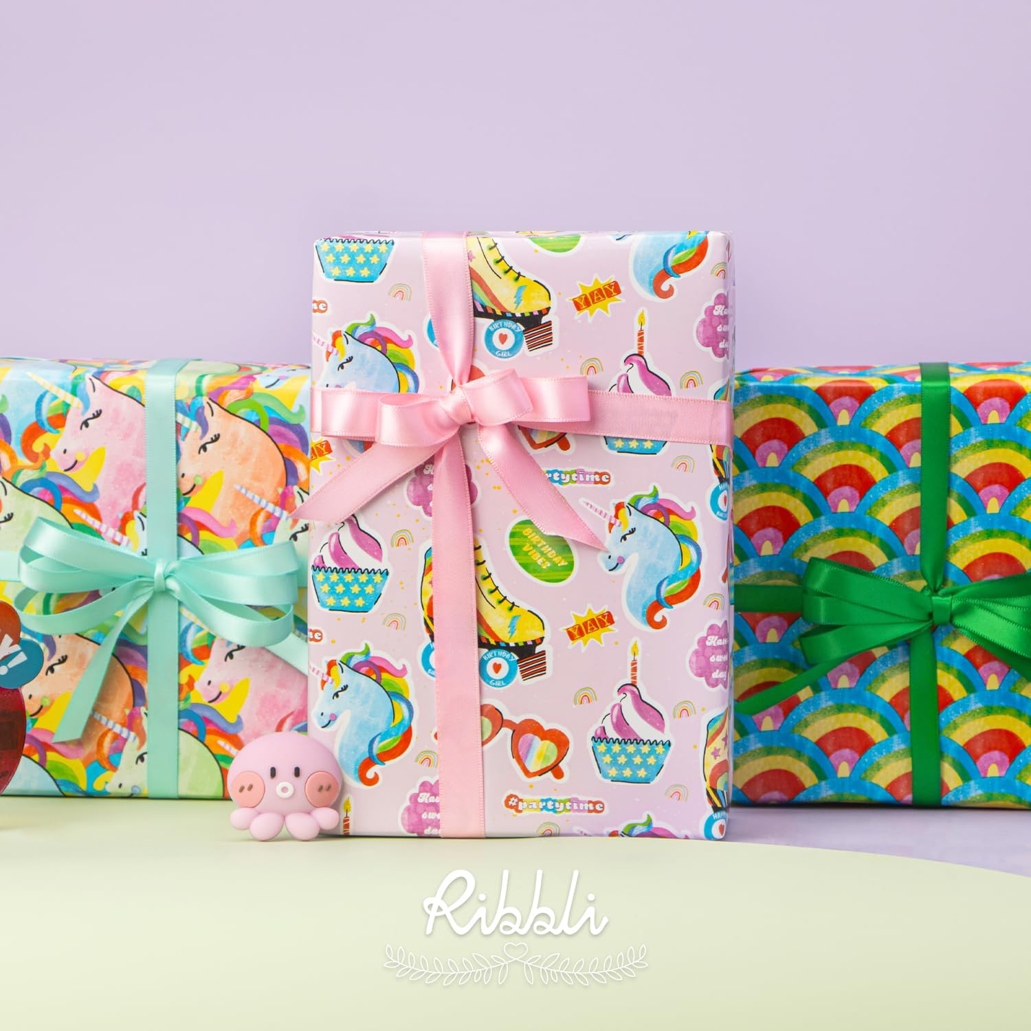 Ribbli Birthday Wrapping Paper 3 Rolls Colorful Balloon Stripe and Iridescent Happy Birthday Wrapping Paper for Kids- Mini Roll 17 inch x 120 inch(10feet) Per Roll(Rainbow Unicorn)