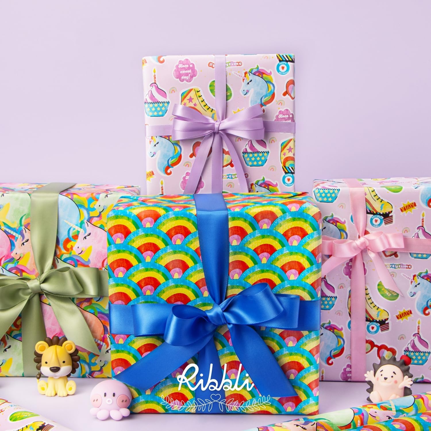 Ribbli Birthday Wrapping Paper 3 Rolls Colorful Balloon Stripe and Iridescent Happy Birthday Wrapping Paper for Kids- Mini Roll 17 inch x 120 inch(10feet) Per Roll(Rainbow Unicorn)