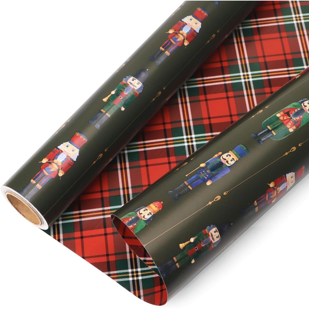 Ribbli Pink Christmas Wrapping Paper Mini Roll Metallic Foil Shine Santa Reindeer Candy Cane Gift Wrapping Paper, Mini Roll-17 Inch x 33 Feet(Nutcracker Green/Tartan)