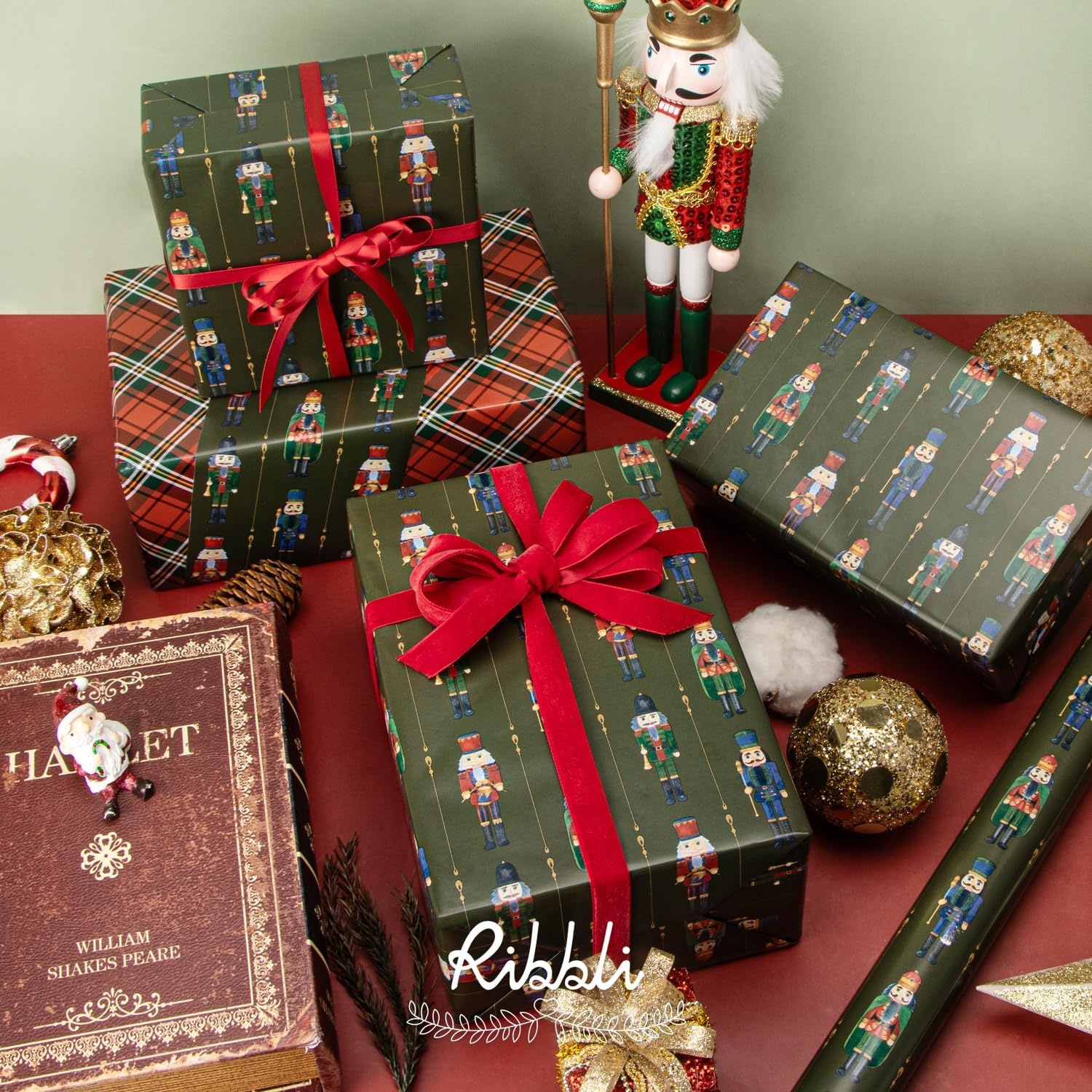 Ribbli Pink Christmas Wrapping Paper Mini Roll Metallic Foil Shine Santa Reindeer Candy Cane Gift Wrapping Paper, Mini Roll-17 Inch x 33 Feet(Nutcracker Green/Tartan)