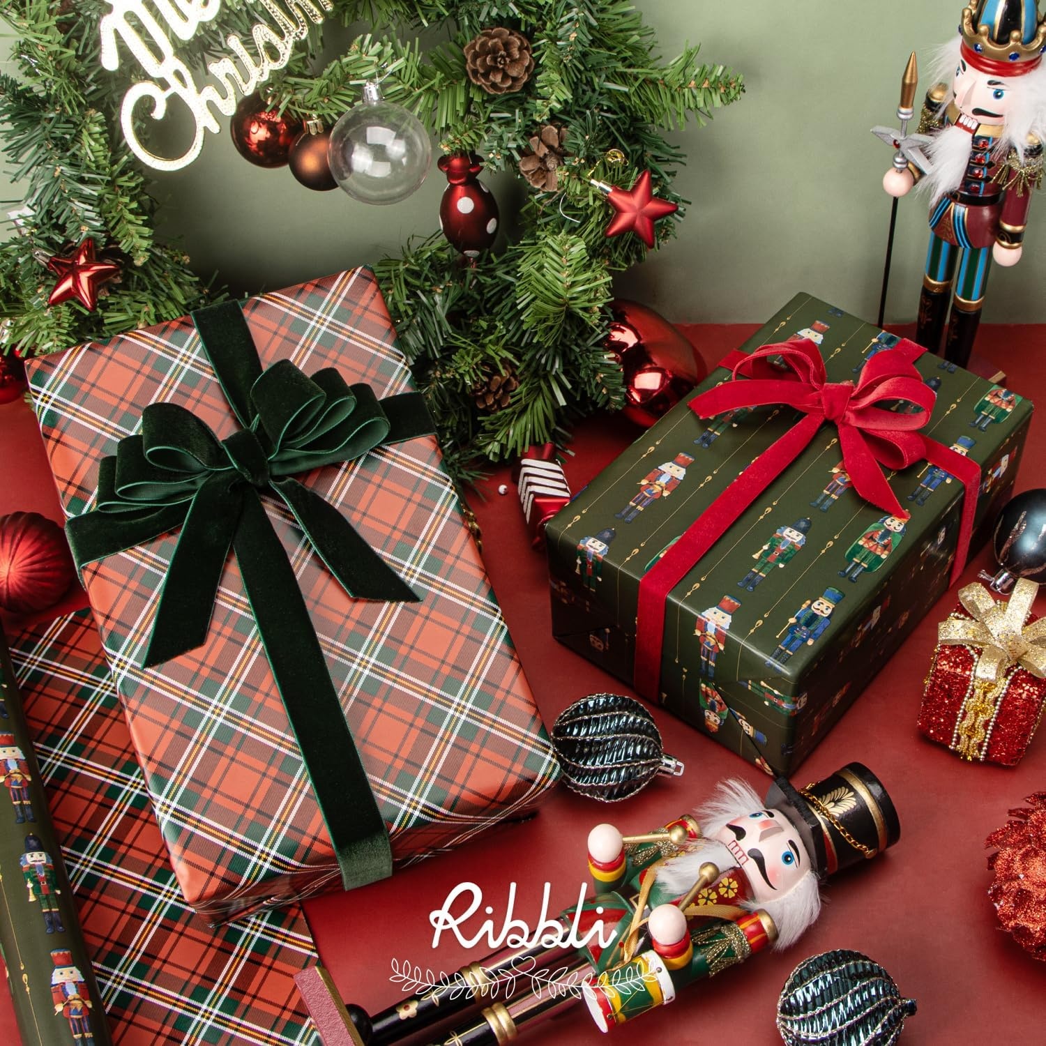 Ribbli Pink Christmas Wrapping Paper Mini Roll Metallic Foil Shine Santa Reindeer Candy Cane Gift Wrapping Paper, Mini Roll-17 Inch x 33 Feet(Nutcracker Green/Tartan)