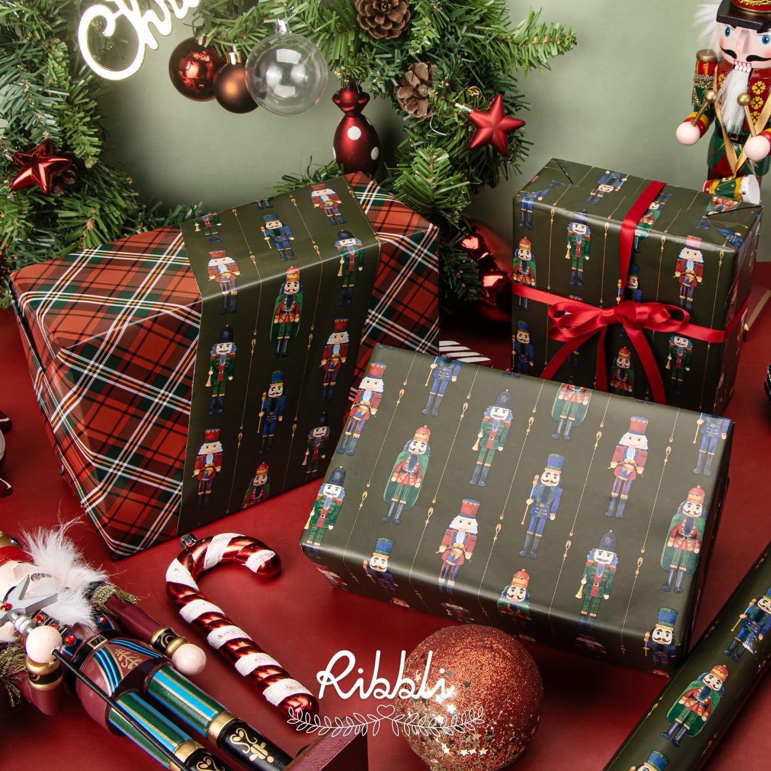 Ribbli Pink Christmas Wrapping Paper Mini Roll Metallic Foil Shine Santa Reindeer Candy Cane Gift Wrapping Paper, Mini Roll-17 Inch x 33 Feet(Nutcracker Green/Tartan)