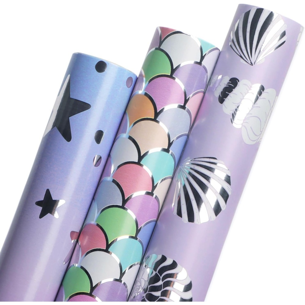 Ribbli Birthday Wrapping Paper 3 Rolls Colorful Balloon Stripe and Iridescent Happy Birthday Wrapping Paper for Kids- Mini Roll 17 inch x 120 inch(10feet) Per Roll(Purple/Pink)