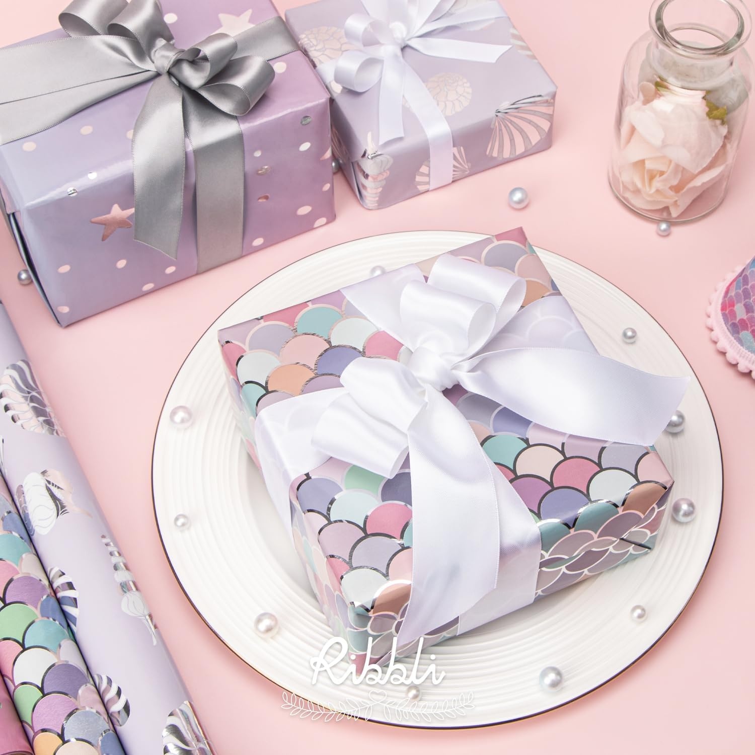 Ribbli Birthday Wrapping Paper 3 Rolls Colorful Balloon Stripe and Iridescent Happy Birthday Wrapping Paper for Kids- Mini Roll 17 inch x 120 inch(10feet) Per Roll(Purple/Pink)