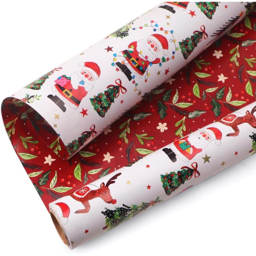 Ribbli Pink Christmas Wrapping Paper Mini Roll Gingerbread Man and Candy Cane Gift Wrapping Paper for Girls Kids, Mini Roll-17 Inch x 33 Feet(Santa/Holly Berry)