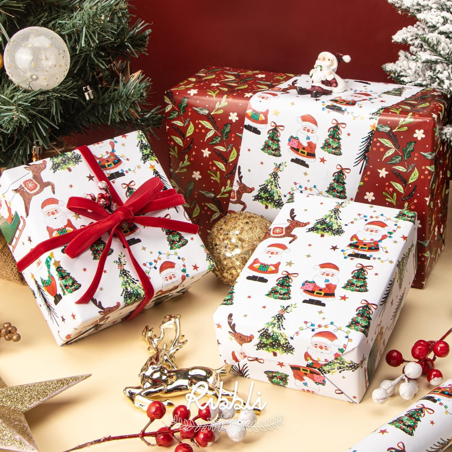 Ribbli Pink Christmas Wrapping Paper Mini Roll Gingerbread Man and Candy Cane Gift Wrapping Paper for Girls Kids, Mini Roll-17 Inch x 33 Feet(Santa/Holly Berry)
