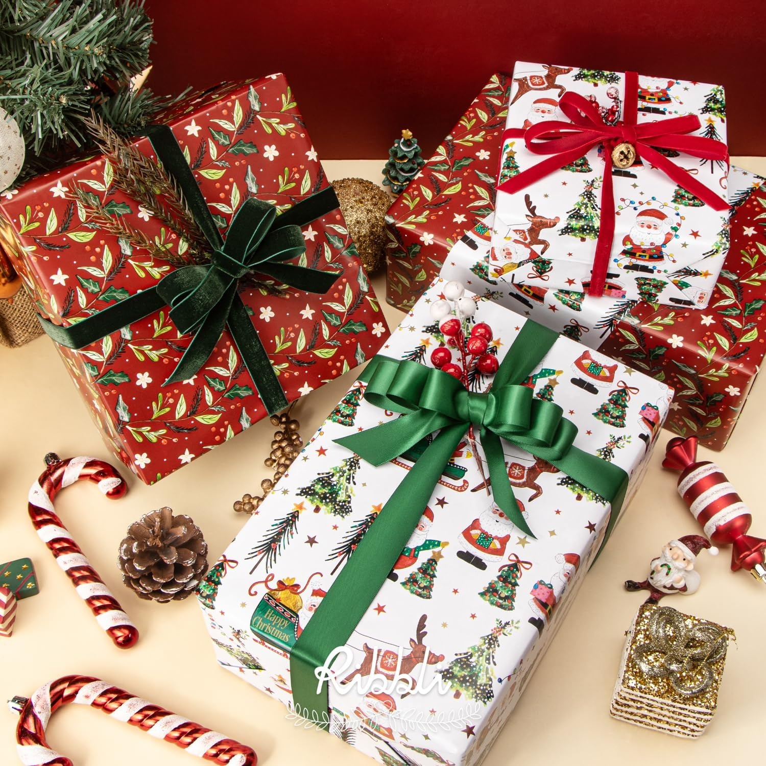 Ribbli Pink Christmas Wrapping Paper Mini Roll Gingerbread Man and Candy Cane Gift Wrapping Paper for Girls Kids, Mini Roll-17 Inch x 33 Feet(Santa/Holly Berry)