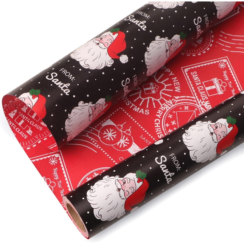 Ribbli Pink Christmas Wrapping Paper Mini Roll Metallic Foil Shine Santa Reindeer Candy Cane Gift Wrapping Paper, Mini Roll-17 Inch x 33 Feet(Santa Black/Red Stamp)