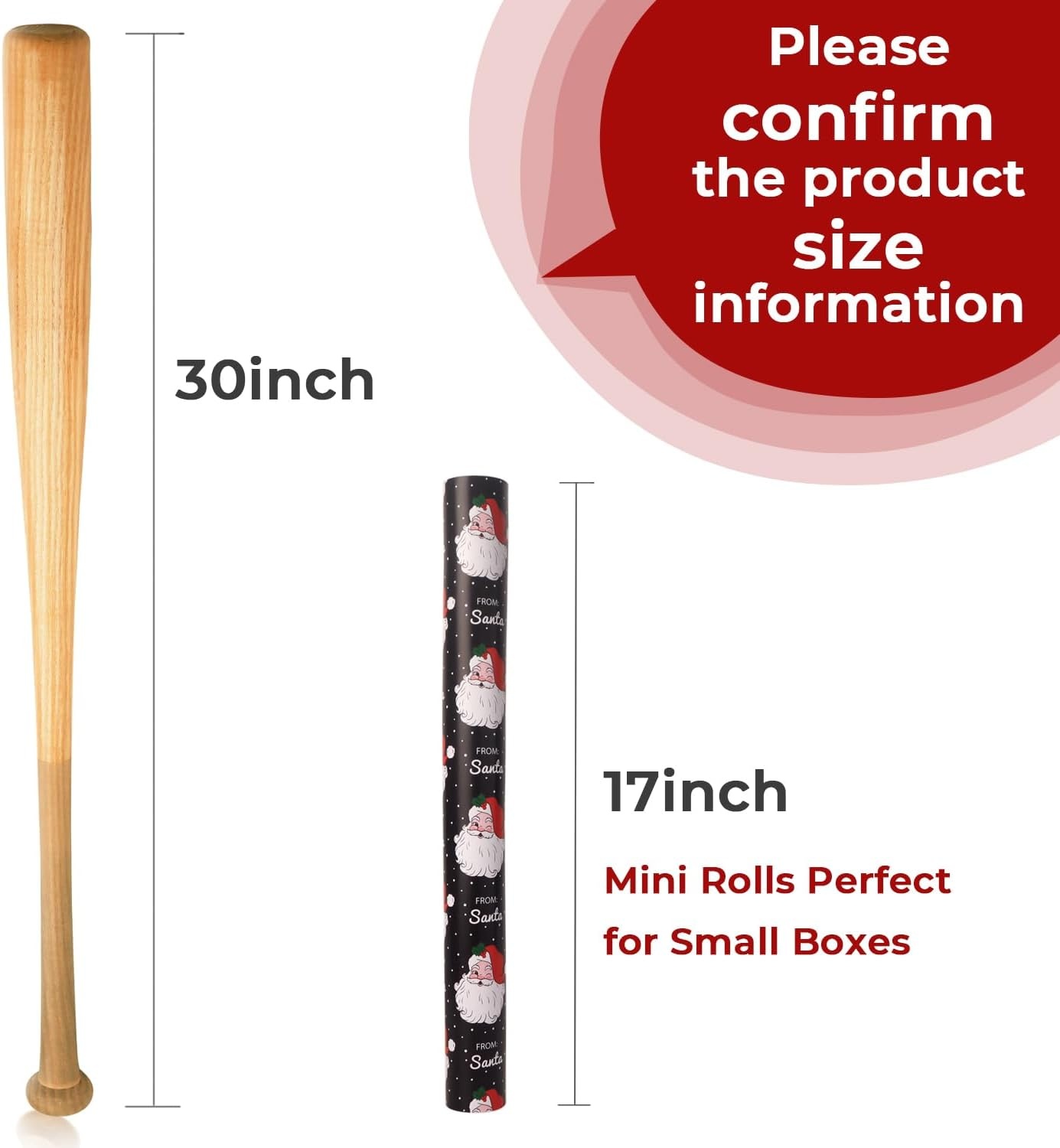 Ribbli Pink Christmas Wrapping Paper Mini Roll Metallic Foil Shine Santa Reindeer Candy Cane Gift Wrapping Paper, Mini Roll-17 Inch x 33 Feet(Santa Black/Red Stamp)