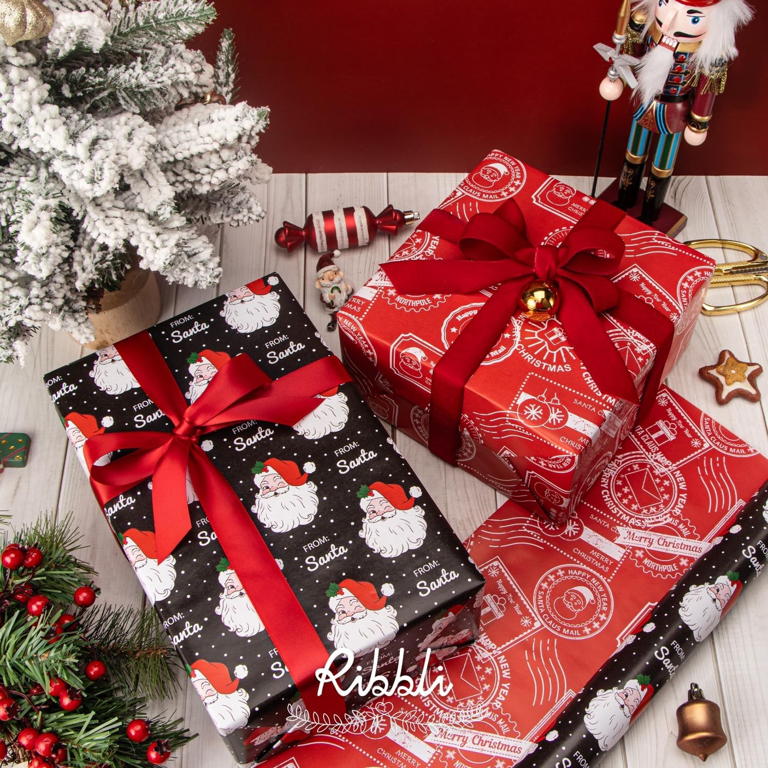 Ribbli Pink Christmas Wrapping Paper Mini Roll Metallic Foil Shine Santa Reindeer Candy Cane Gift Wrapping Paper, Mini Roll-17 Inch x 33 Feet(Santa Black/Red Stamp)
