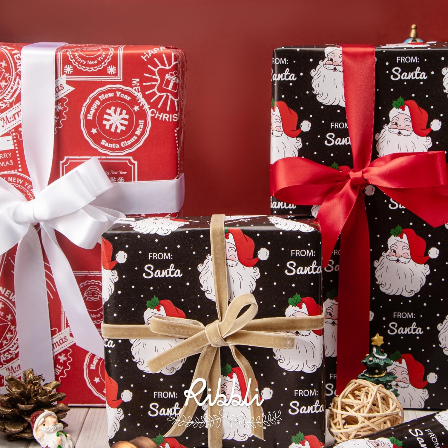 Ribbli Pink Christmas Wrapping Paper Mini Roll Metallic Foil Shine Santa Reindeer Candy Cane Gift Wrapping Paper, Mini Roll-17 Inch x 33 Feet(Santa Black/Red Stamp)