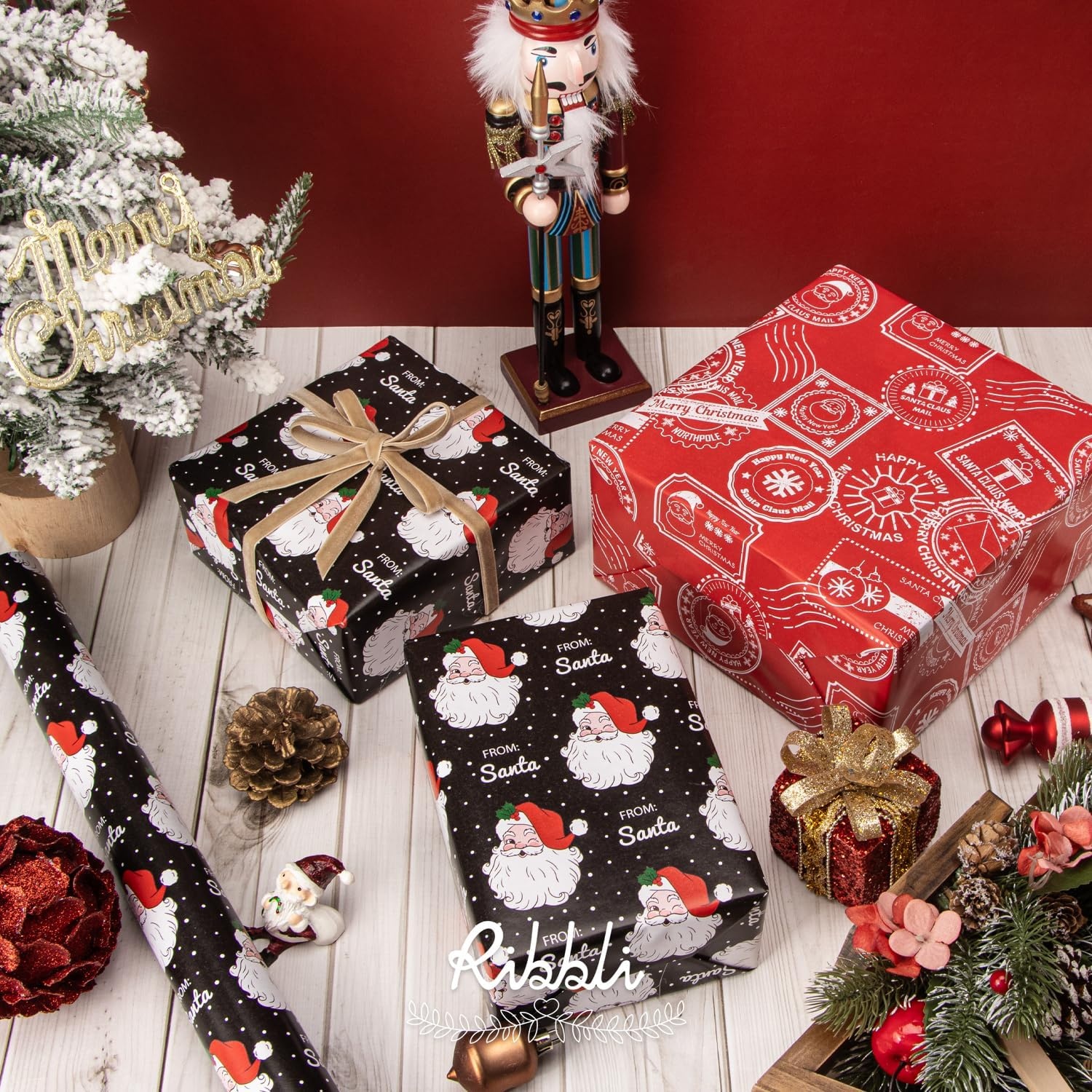 Ribbli Pink Christmas Wrapping Paper Mini Roll Metallic Foil Shine Santa Reindeer Candy Cane Gift Wrapping Paper, Mini Roll-17 Inch x 33 Feet(Santa Black/Red Stamp)