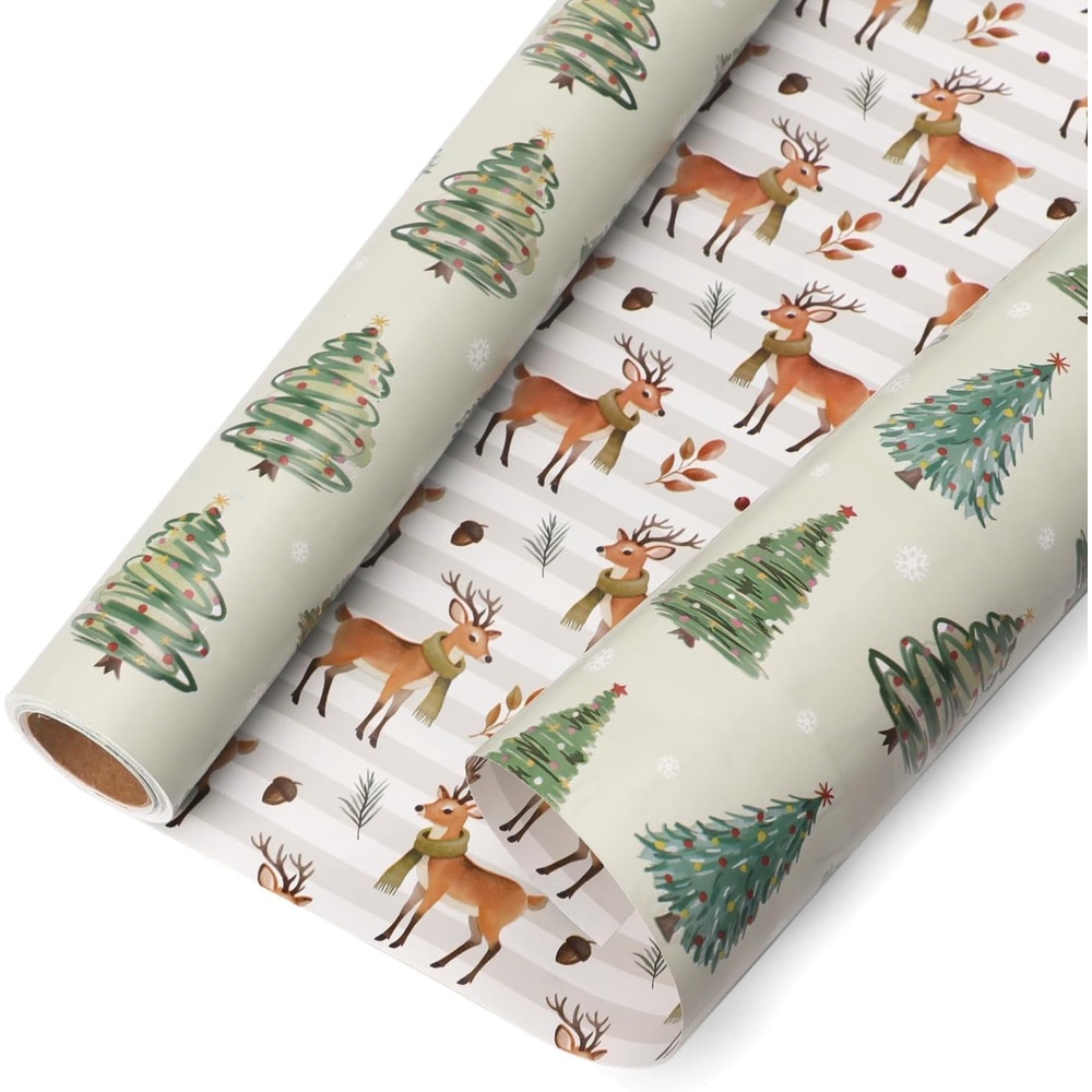 Ribbli Pink Christmas Wrapping Paper Mini Roll Gingerbread Man and Candy Cane Gift Wrapping Paper for Girls Kids, Mini Roll-17 Inch x 33 Feet(Christmas Tree/Reindeer)