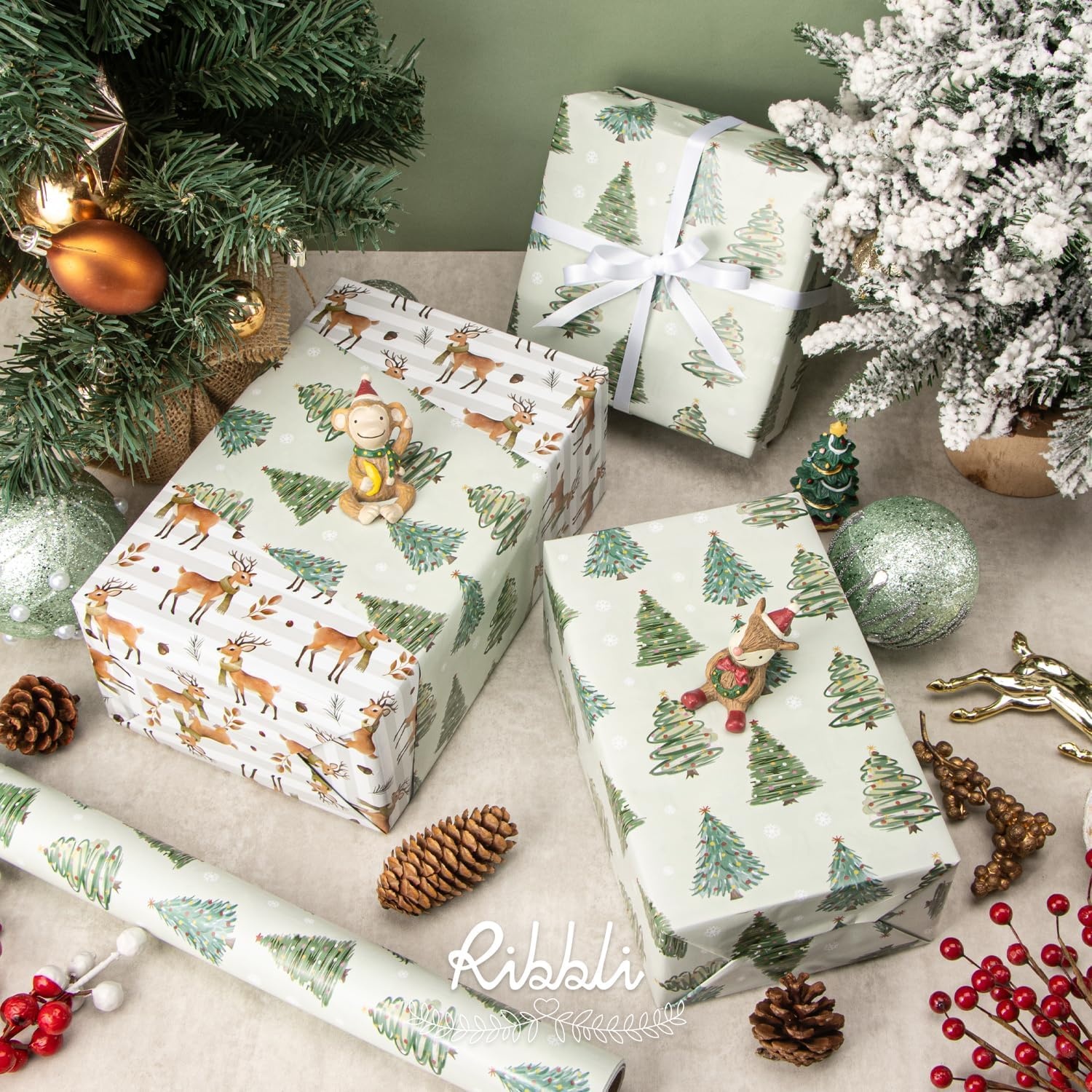 Ribbli Pink Christmas Wrapping Paper Mini Roll Gingerbread Man and Candy Cane Gift Wrapping Paper for Girls Kids, Mini Roll-17 Inch x 33 Feet(Christmas Tree/Reindeer)