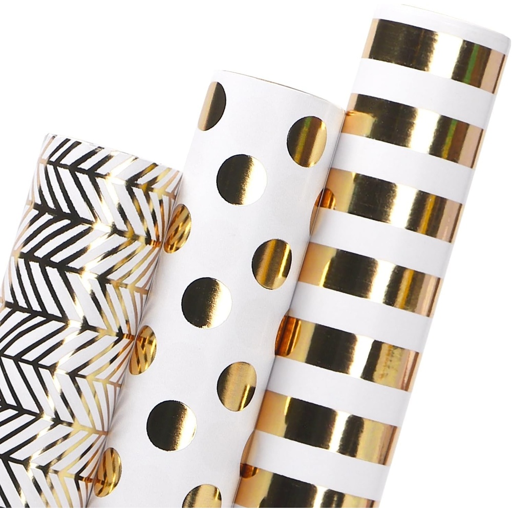 Ribbli Floral Wrapping Paper Mini Roll, 3 Rolls Dusty Blue Vintage Flower Gift Wrap for Mother’s Day Women Girl Friend Wedding – 17 inch x 120 inch(10feet) Per Roll(White/Gold)