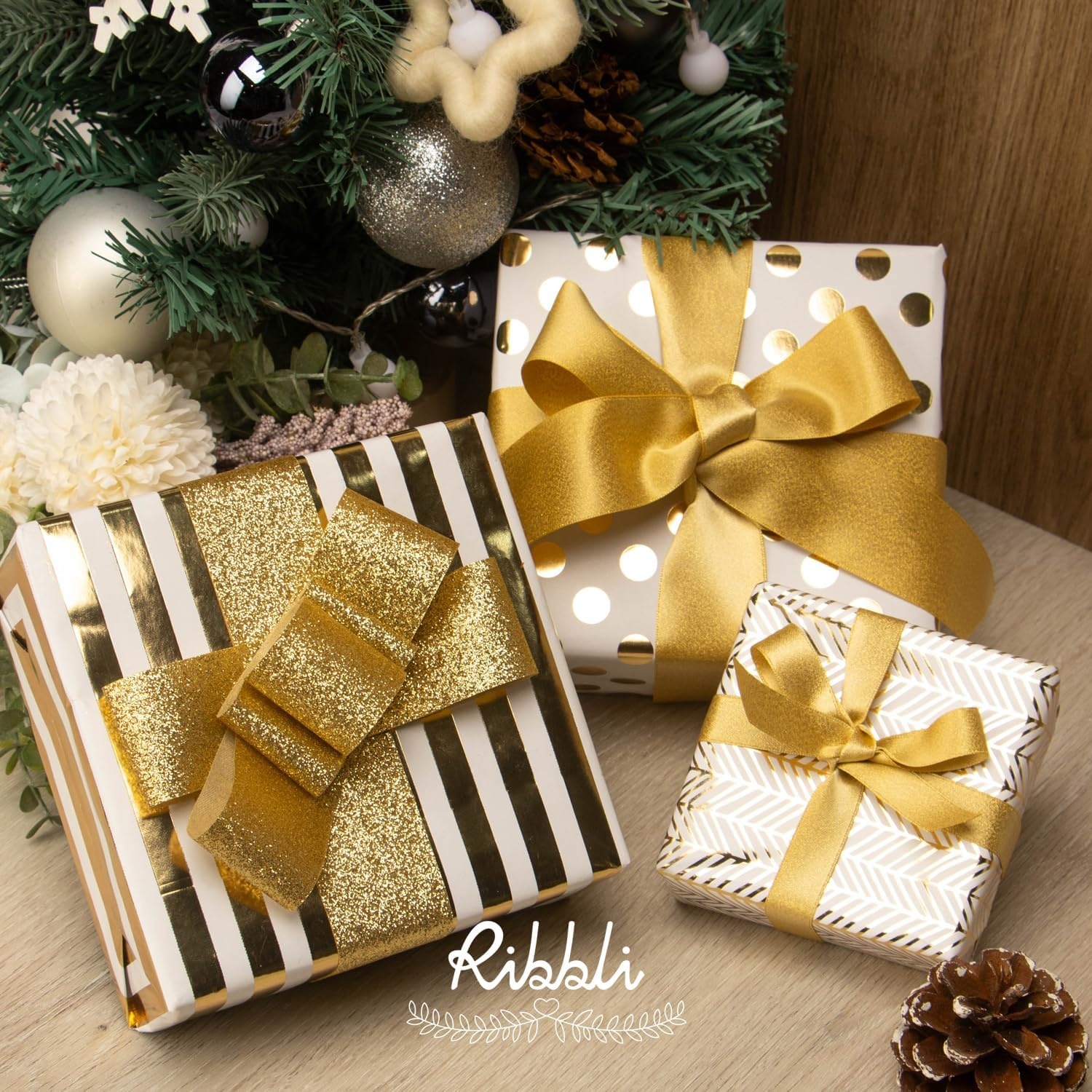 Ribbli Floral Wrapping Paper Mini Roll, 3 Rolls Dusty Blue Vintage Flower Gift Wrap for Mother’s Day Women Girl Friend Wedding – 17 inch x 120 inch(10feet) Per Roll(White/Gold)