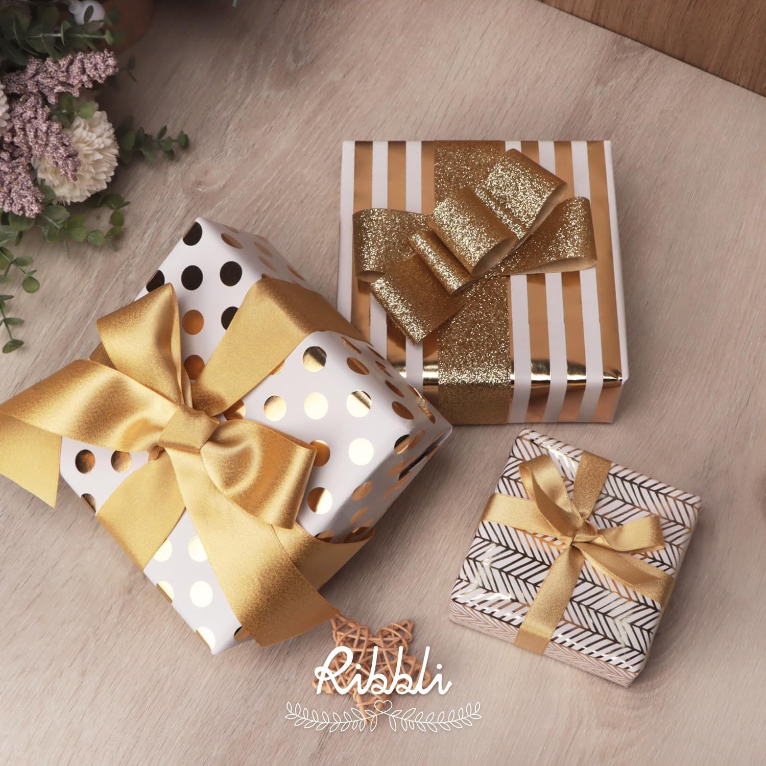 Ribbli Floral Wrapping Paper Mini Roll, 3 Rolls Dusty Blue Vintage Flower Gift Wrap for Mother’s Day Women Girl Friend Wedding – 17 inch x 120 inch(10feet) Per Roll(White/Gold)