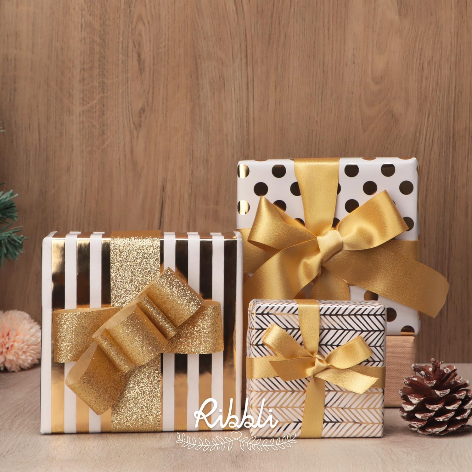 Ribbli Floral Wrapping Paper Mini Roll, 3 Rolls Dusty Blue Vintage Flower Gift Wrap for Mother’s Day Women Girl Friend Wedding – 17 inch x 120 inch(10feet) Per Roll(White/Gold)