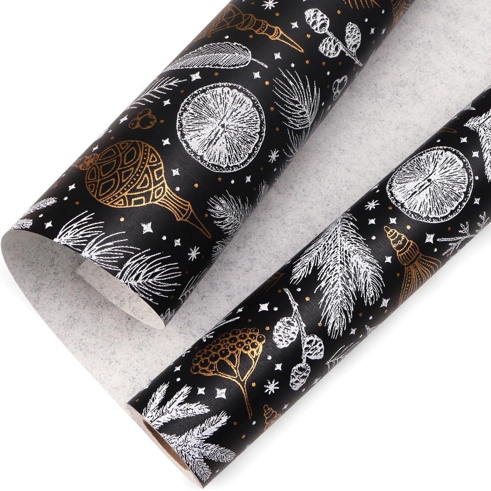 Ribbli Christmas Wrapping Paper Christmas Tree with Gold Foil Brown Kraft Gift Wrapping Paper Rolls-17 Inch x 33 Feet Per roll(Black/Gold)