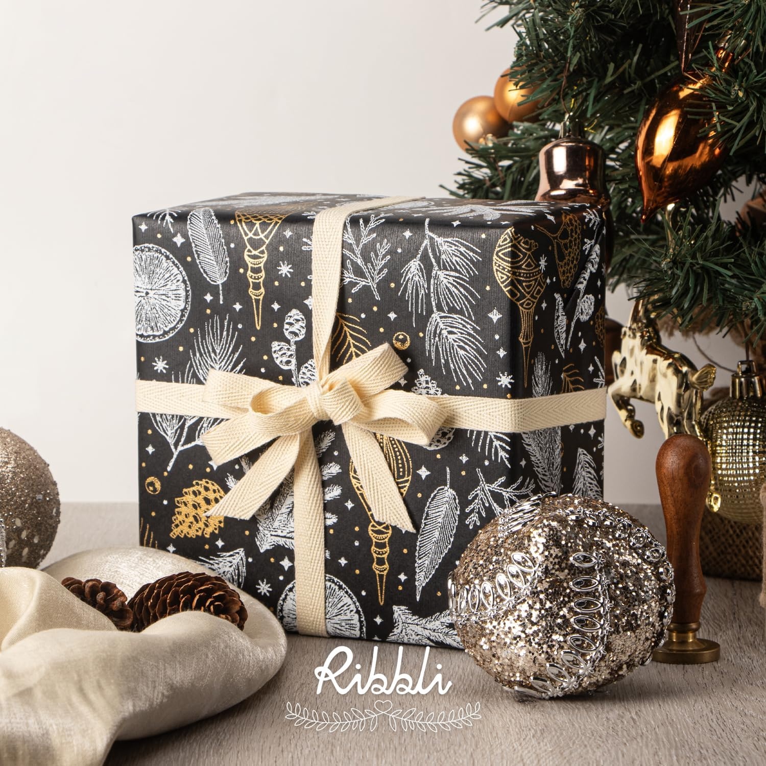 Ribbli Christmas Wrapping Paper Christmas Tree with Gold Foil Brown Kraft Gift Wrapping Paper Rolls-17 Inch x 33 Feet Per roll(Black/Gold)