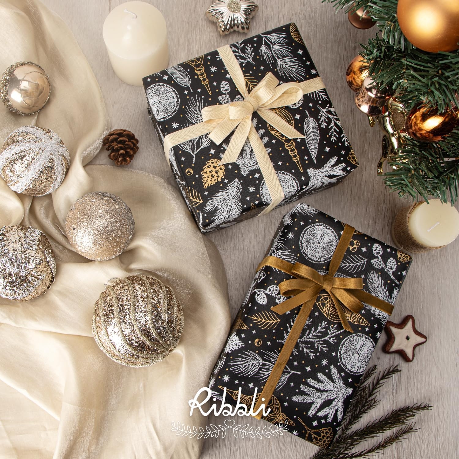 Ribbli Christmas Wrapping Paper Christmas Tree with Gold Foil Brown Kraft Gift Wrapping Paper Rolls-17 Inch x 33 Feet Per roll(Black/Gold)