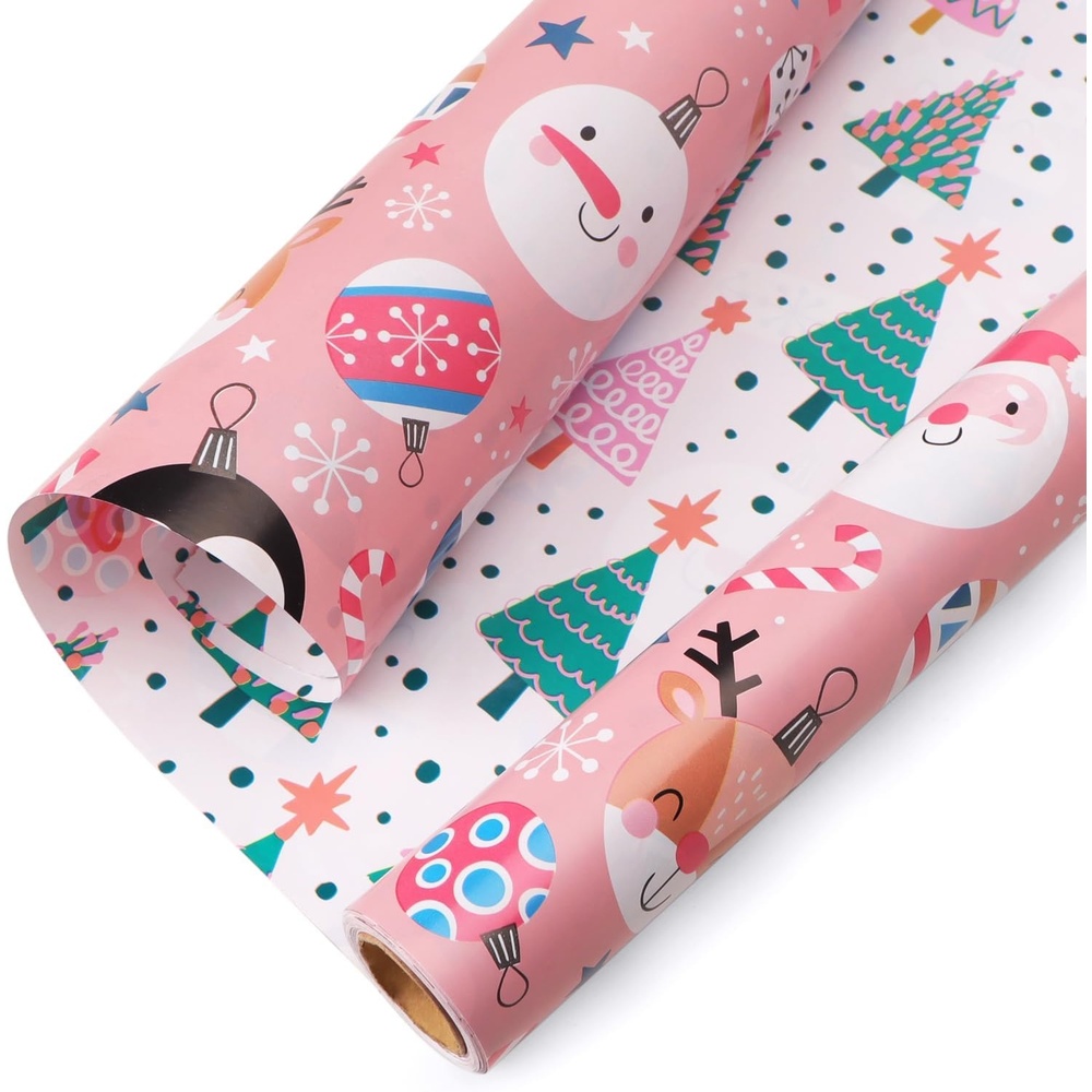 Ribbli Christmas Wrapping Paper Rolls,Mini Roll-17 Inch x 33 Feet-Christmas Woods(Pink/Pastel Green)