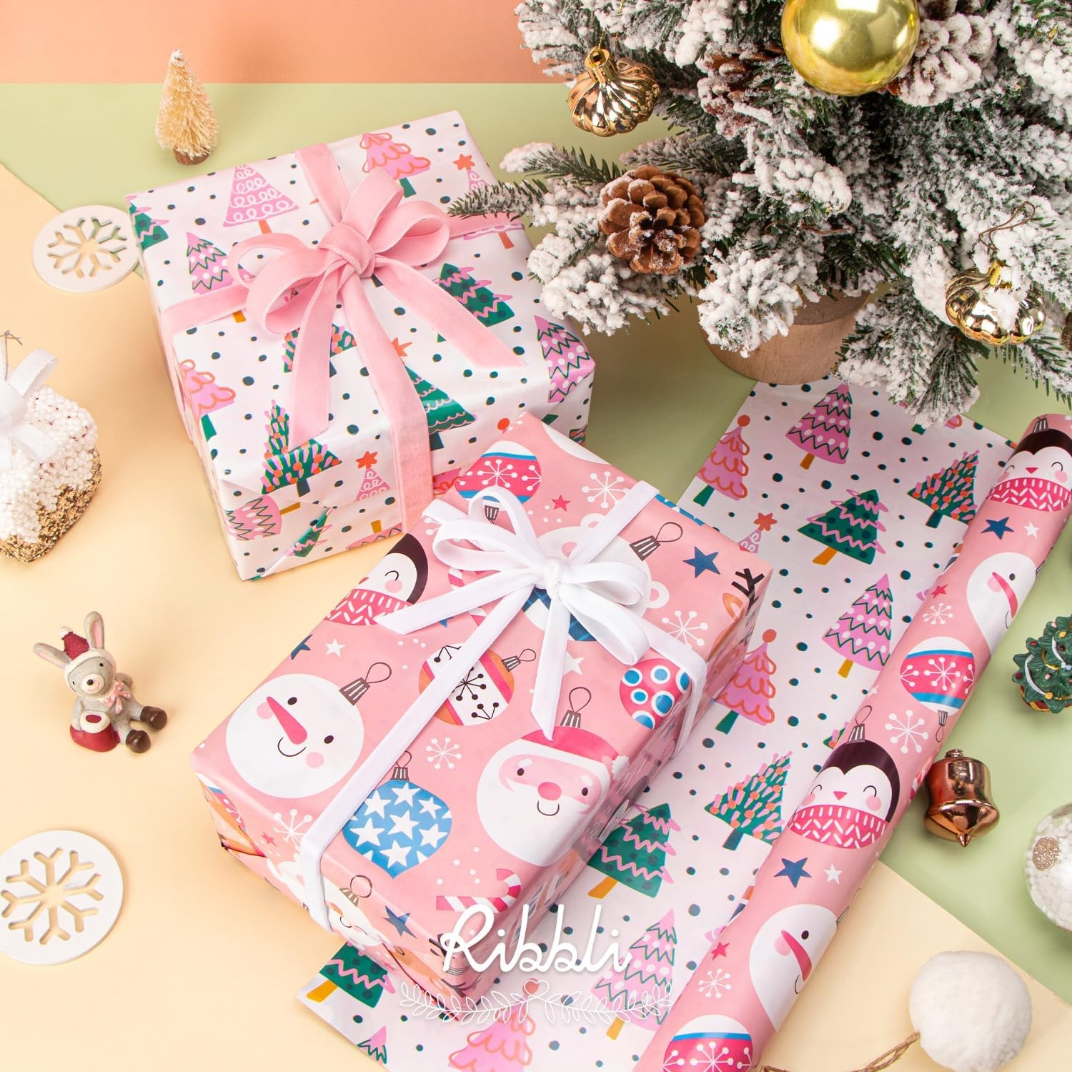Ribbli Christmas Wrapping Paper Rolls,Mini Roll-17 Inch x 33 Feet-Christmas Woods(Pink/Pastel Green)