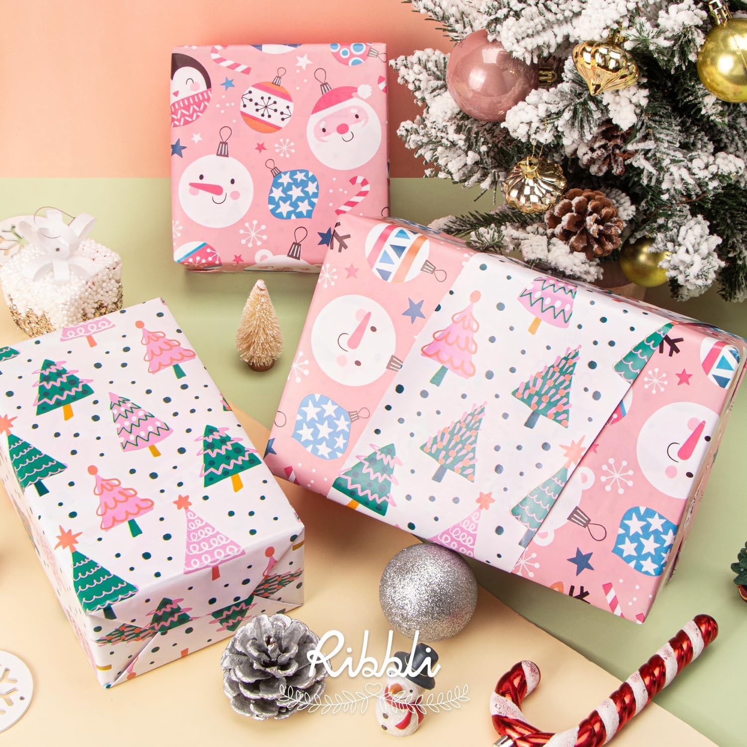 Ribbli Christmas Wrapping Paper Rolls,Mini Roll-17 Inch x 33 Feet-Christmas Woods(Pink/Pastel Green)