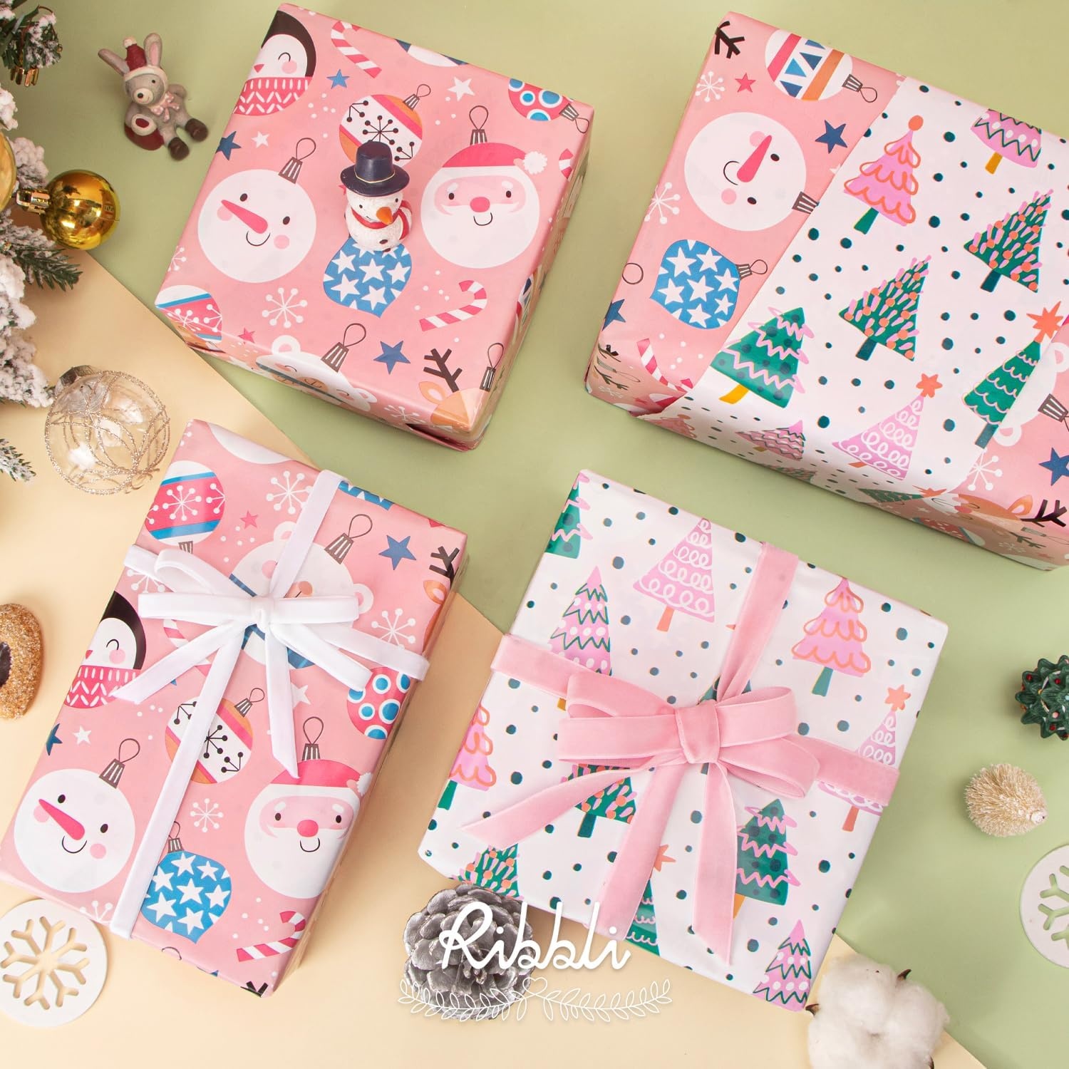 Ribbli Christmas Wrapping Paper Rolls,Mini Roll-17 Inch x 33 Feet-Christmas Woods(Pink/Pastel Green)