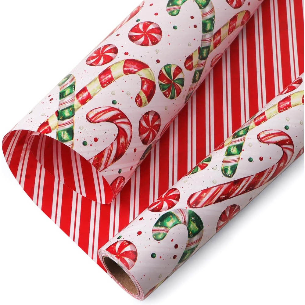 Ribbli Pink Christmas Wrapping Paper Mini Roll Gingerbread Man and Candy Cane Gift Wrapping Paper for Girls Kids, Mini Roll-17 Inch x 33 Feet(Candy Cane/Red Stripe)