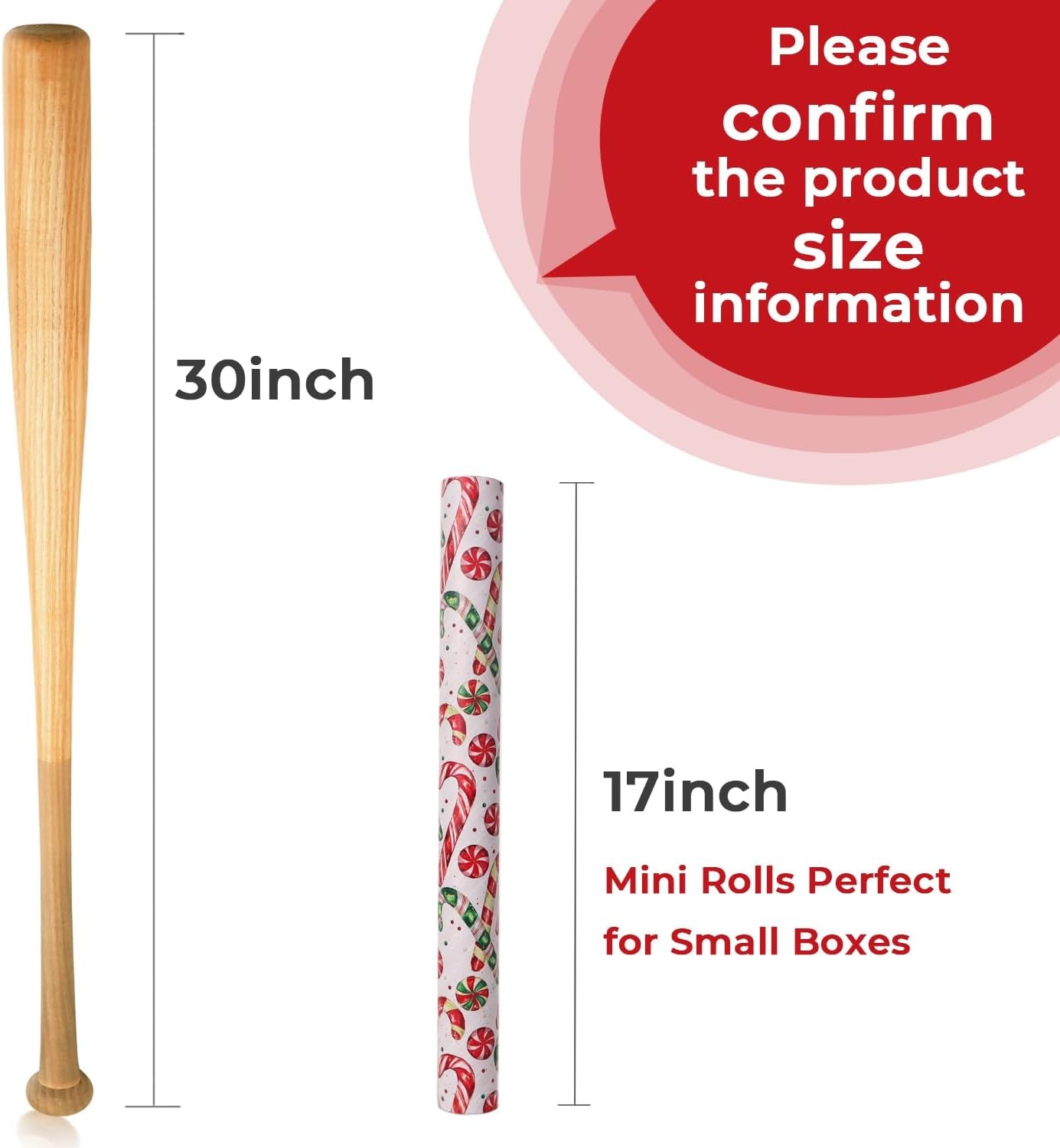 Ribbli Pink Christmas Wrapping Paper Mini Roll Gingerbread Man and Candy Cane Gift Wrapping Paper for Girls Kids, Mini Roll-17 Inch x 33 Feet(Candy Cane/Red Stripe)