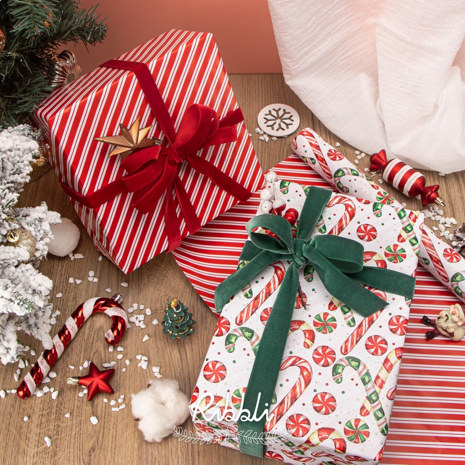 Ribbli Pink Christmas Wrapping Paper Mini Roll Gingerbread Man and Candy Cane Gift Wrapping Paper for Girls Kids, Mini Roll-17 Inch x 33 Feet(Candy Cane/Red Stripe)