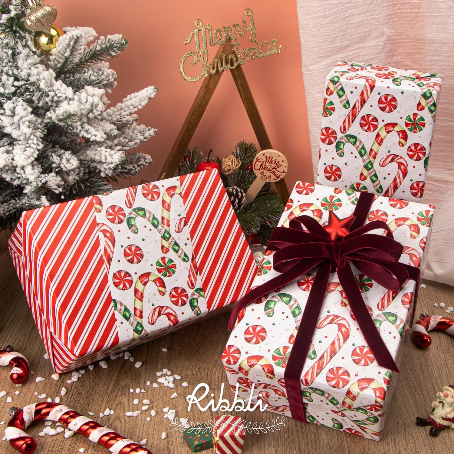 Ribbli Pink Christmas Wrapping Paper Mini Roll Gingerbread Man and Candy Cane Gift Wrapping Paper for Girls Kids, Mini Roll-17 Inch x 33 Feet(Candy Cane/Red Stripe)