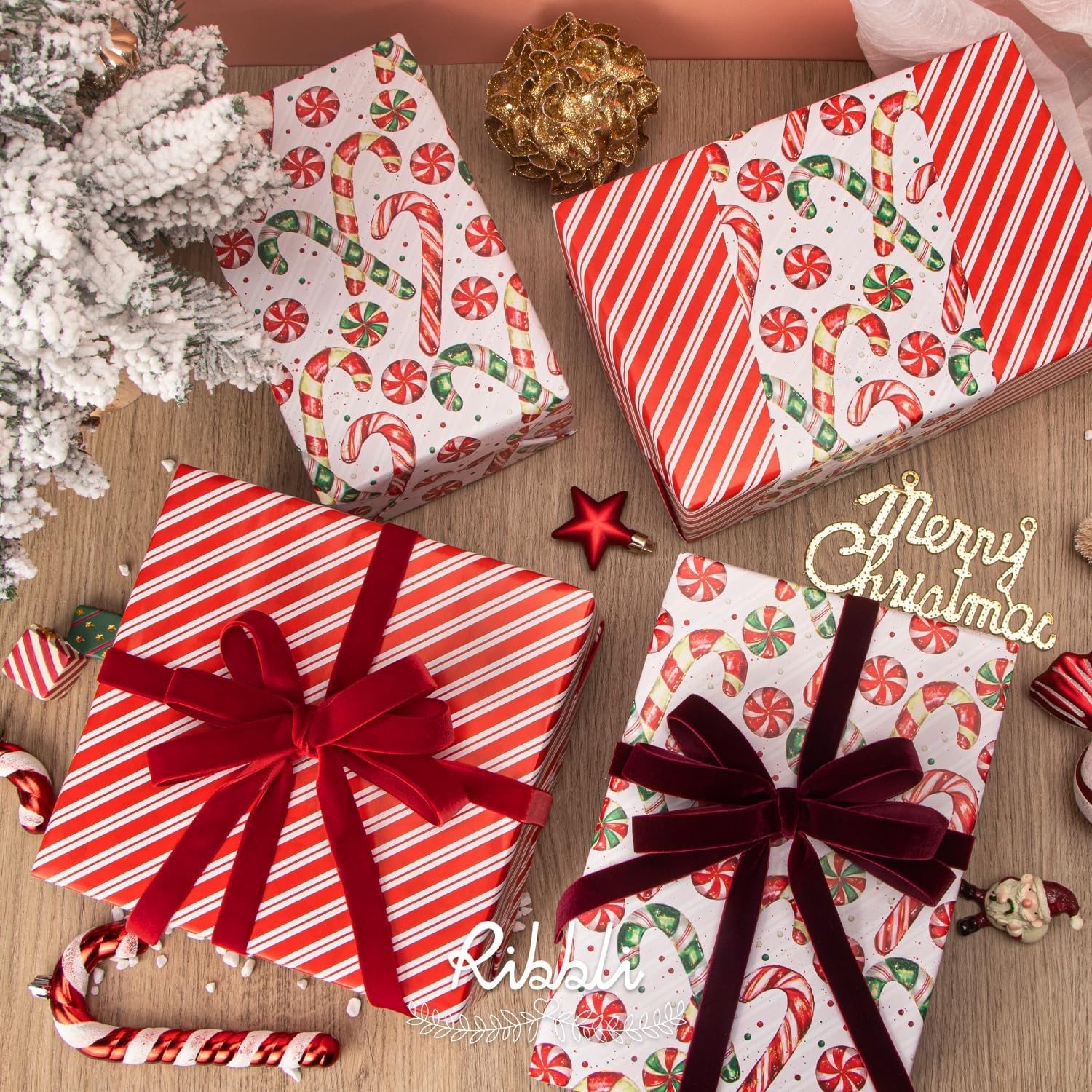 Ribbli Pink Christmas Wrapping Paper Mini Roll Gingerbread Man and Candy Cane Gift Wrapping Paper for Girls Kids, Mini Roll-17 Inch x 33 Feet(Candy Cane/Red Stripe)