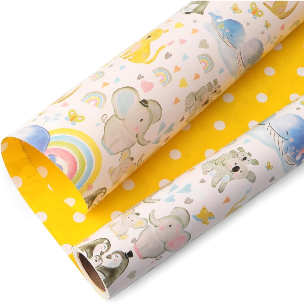 Ribbli Baby Shower Wrapping Paper, Blue Elephant with Gray Polk Dots Paper for Boy Kids Birthday Party – 17 Inch x 394 Inch (33Feet)(White/Yellow)