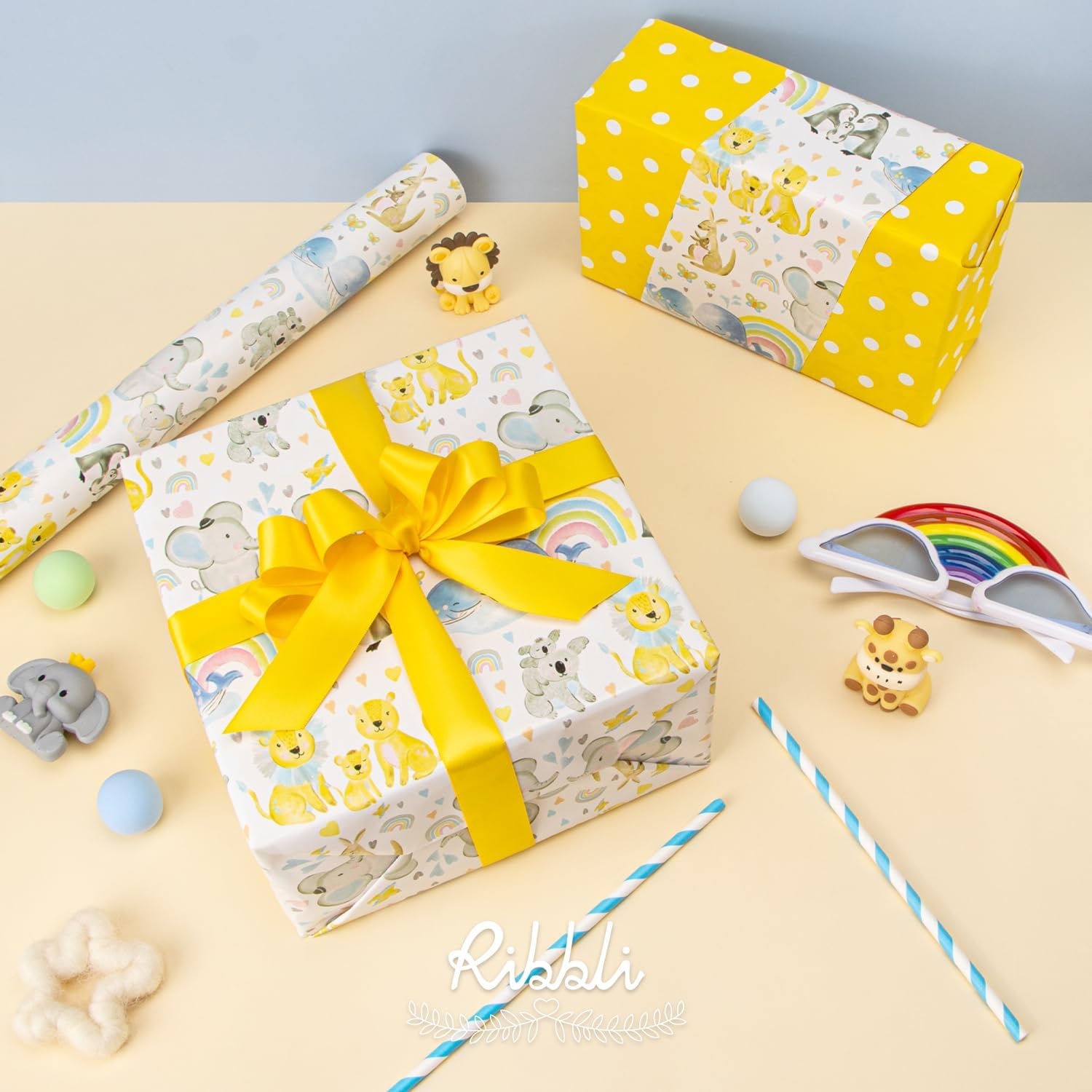 Ribbli Baby Shower Wrapping Paper, Blue Elephant with Gray Polk Dots Paper for Boy Kids Birthday Party – 17 Inch x 394 Inch (33Feet)(White/Yellow)