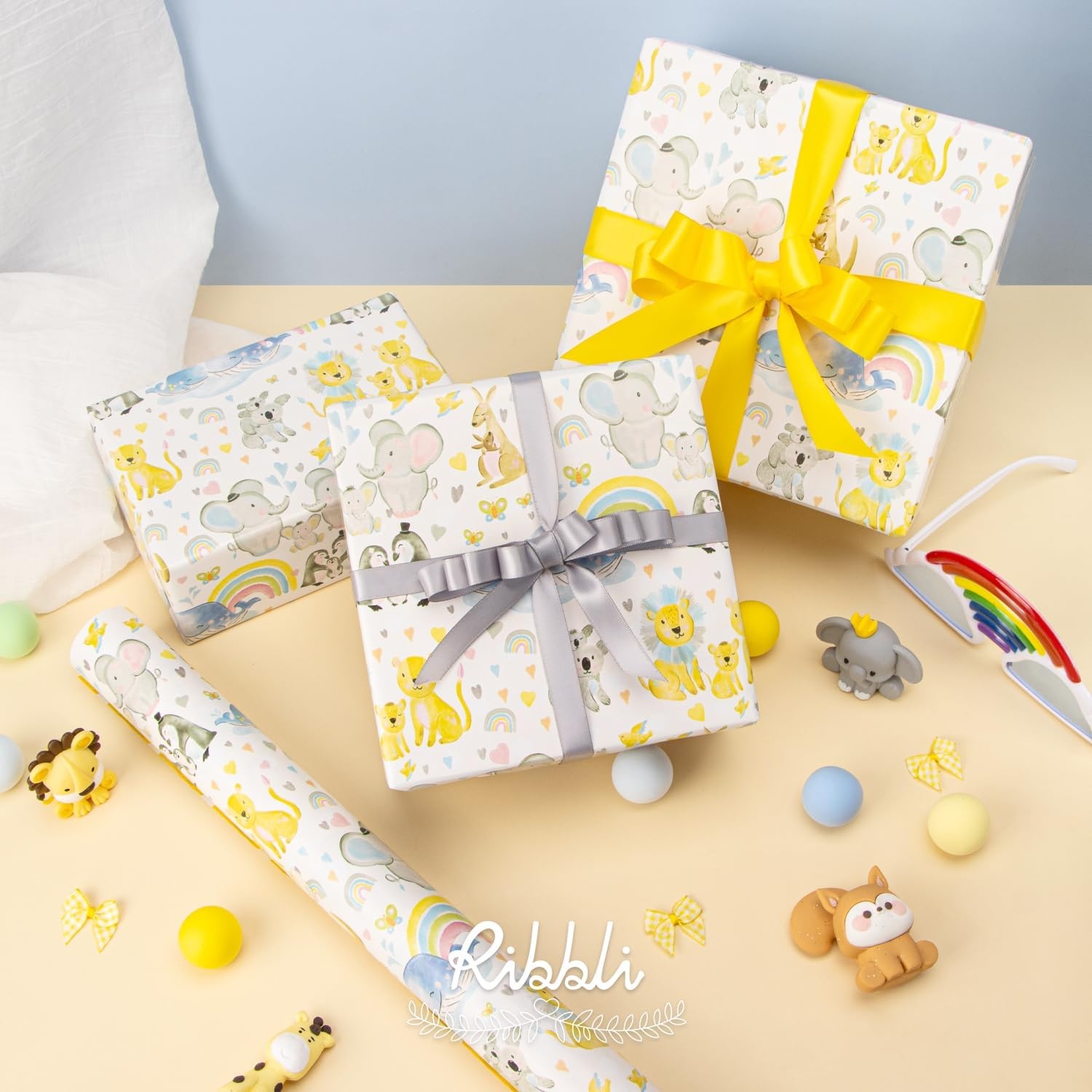 Ribbli Baby Shower Wrapping Paper, Blue Elephant with Gray Polk Dots Paper for Boy Kids Birthday Party – 17 Inch x 394 Inch (33Feet)(White/Yellow)