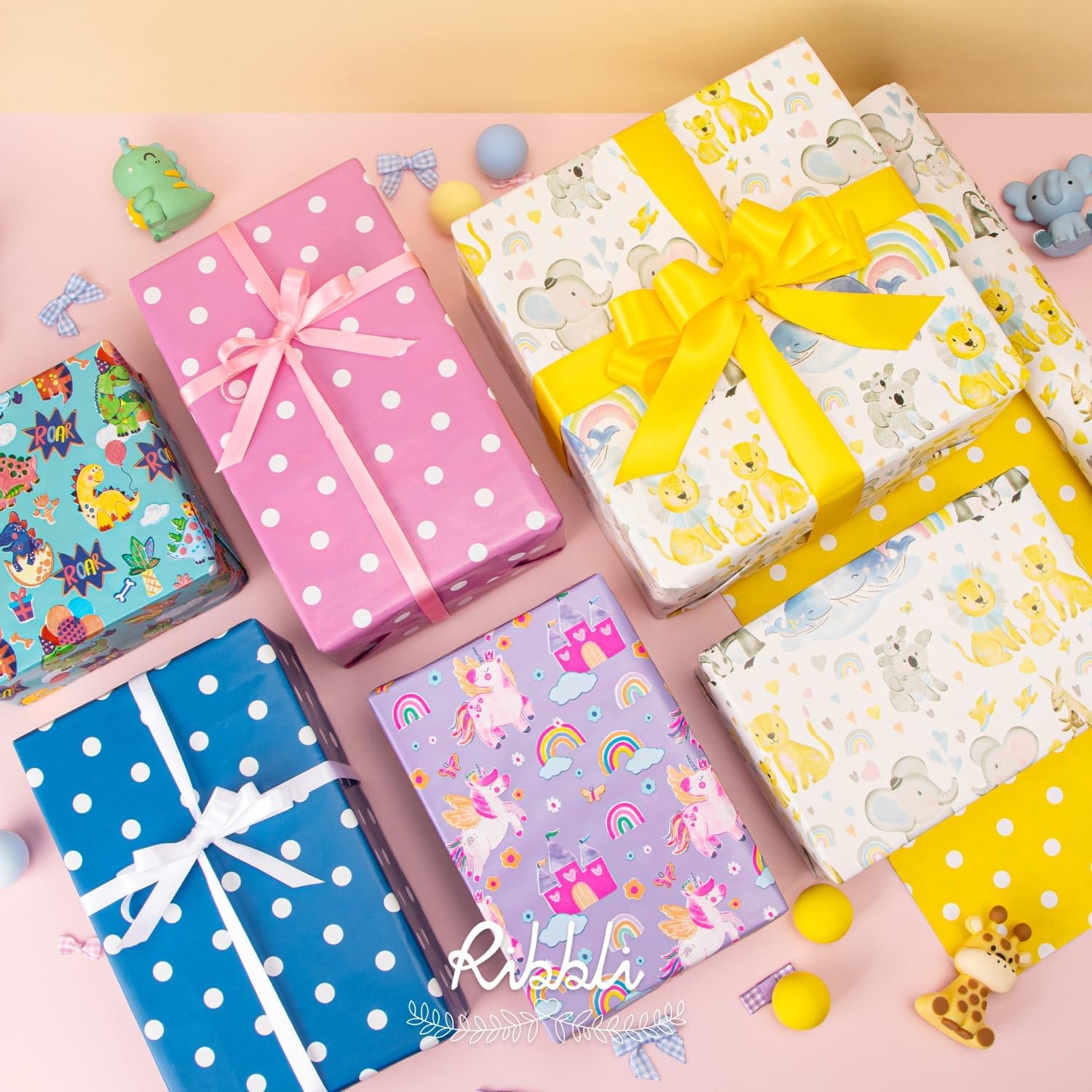 Ribbli Baby Shower Wrapping Paper, Blue Elephant with Gray Polk Dots Paper for Boy Kids Birthday Party – 17 Inch x 394 Inch (33Feet)(White/Yellow)