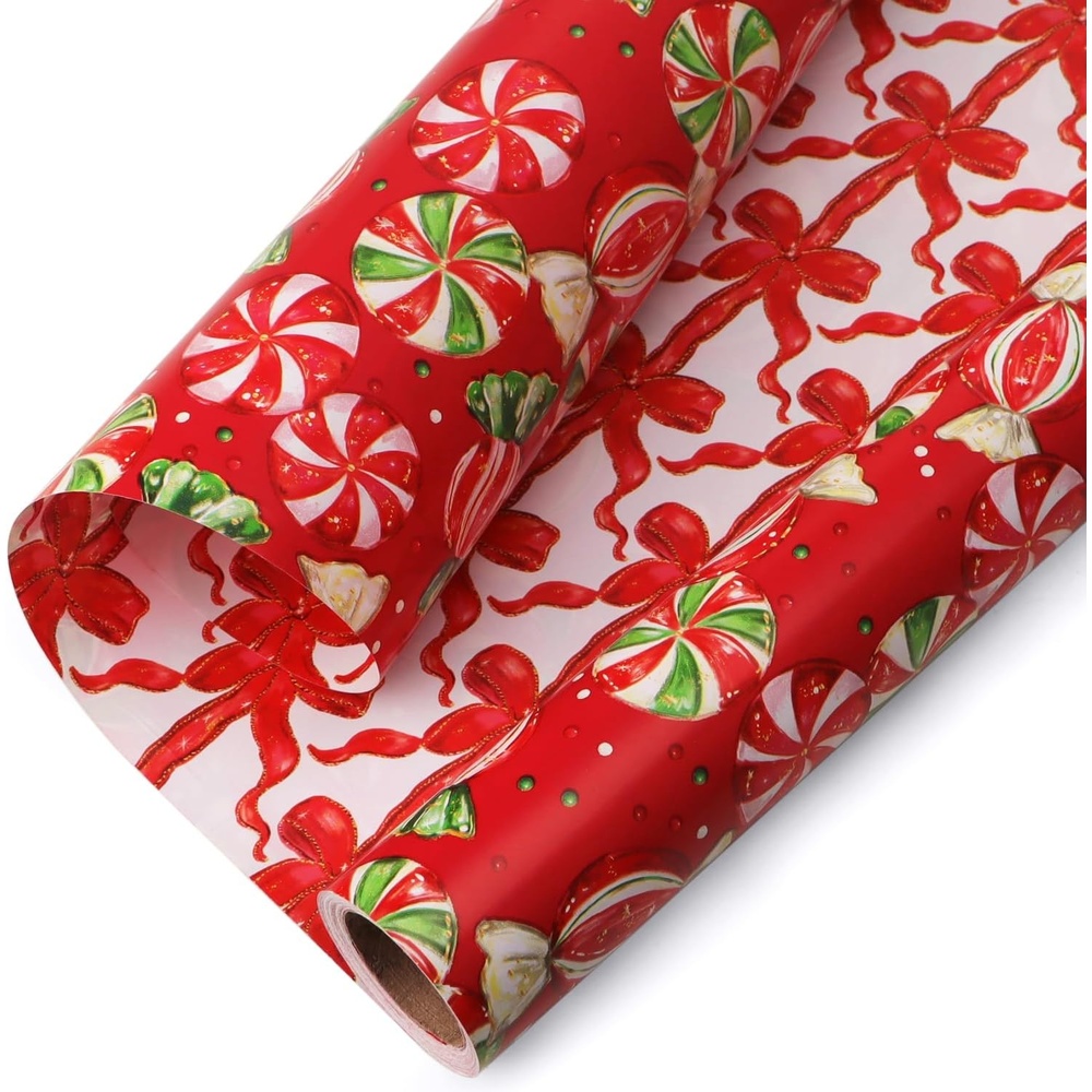 Ribbli Pink Christmas Wrapping Paper Mini Roll Gingerbread Man and Candy Cane Gift Wrapping Paper for Girls Kids, Mini Roll-17 Inch x 33 Feet(Candy/Red Bow)