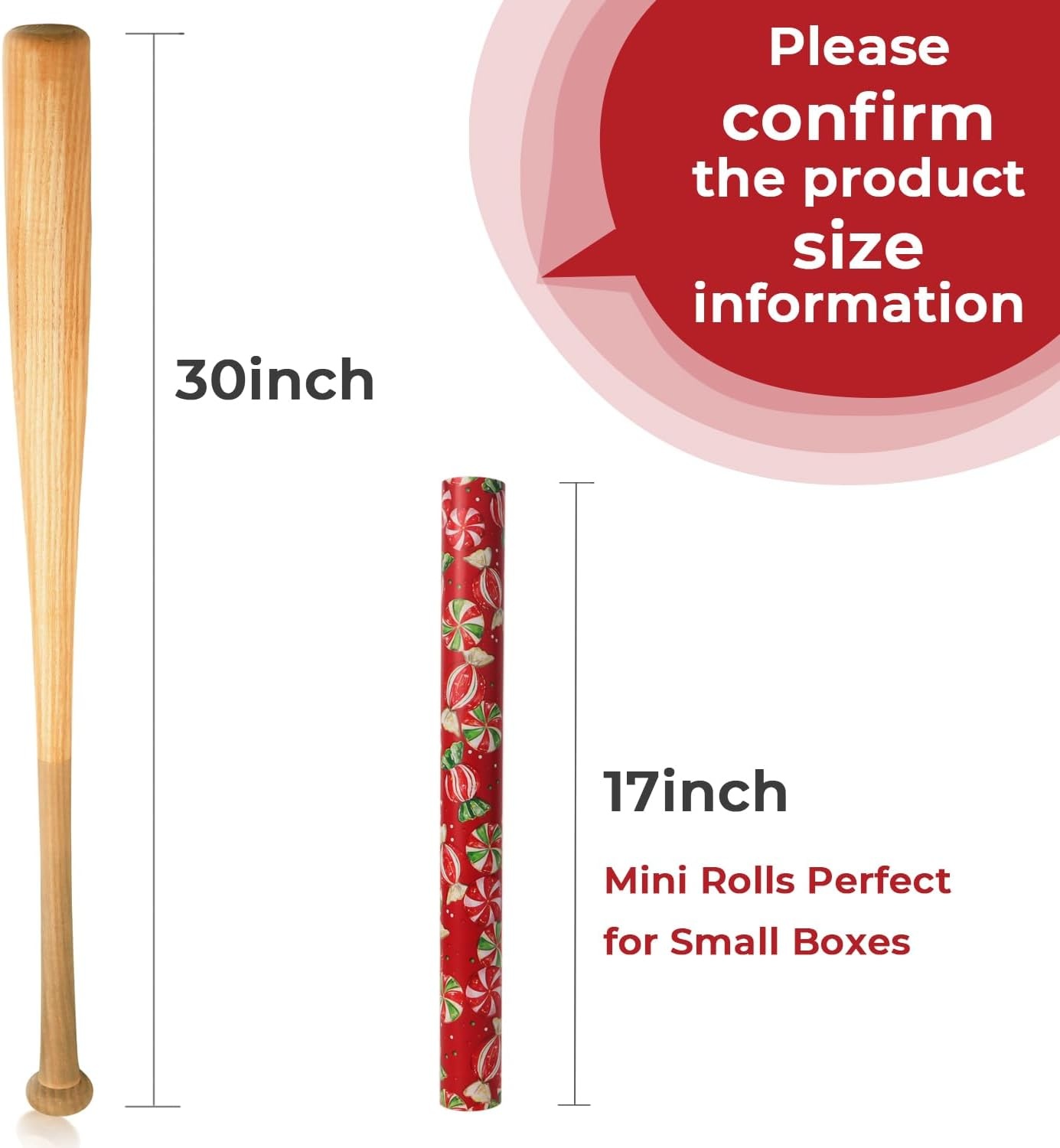 Ribbli Pink Christmas Wrapping Paper Mini Roll Gingerbread Man and Candy Cane Gift Wrapping Paper for Girls Kids, Mini Roll-17 Inch x 33 Feet(Candy/Red Bow)