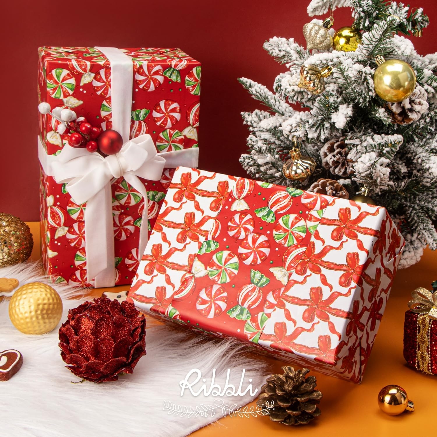 Ribbli Pink Christmas Wrapping Paper Mini Roll Gingerbread Man and Candy Cane Gift Wrapping Paper for Girls Kids, Mini Roll-17 Inch x 33 Feet(Candy/Red Bow)