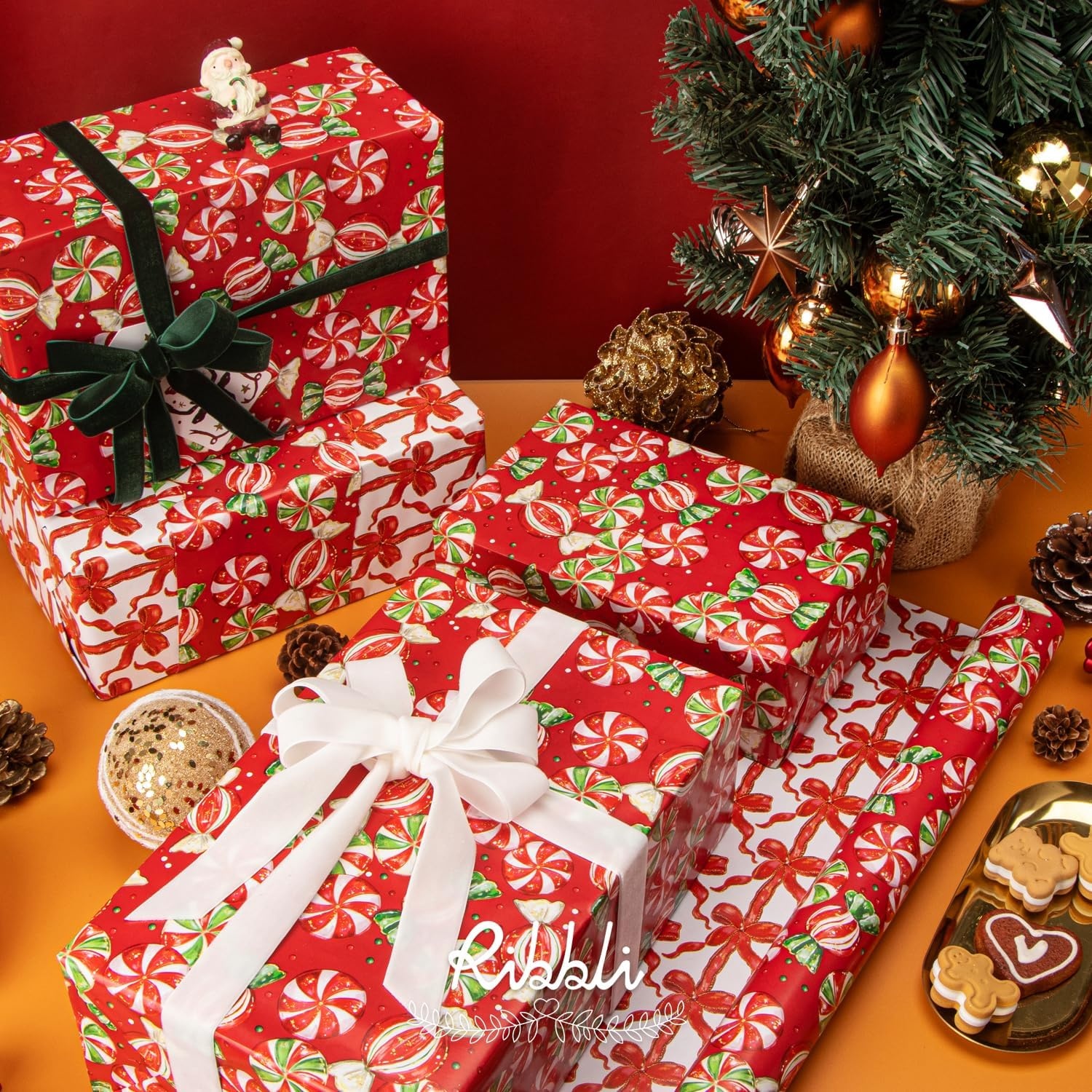 Ribbli Pink Christmas Wrapping Paper Mini Roll Gingerbread Man and Candy Cane Gift Wrapping Paper for Girls Kids, Mini Roll-17 Inch x 33 Feet(Candy/Red Bow)