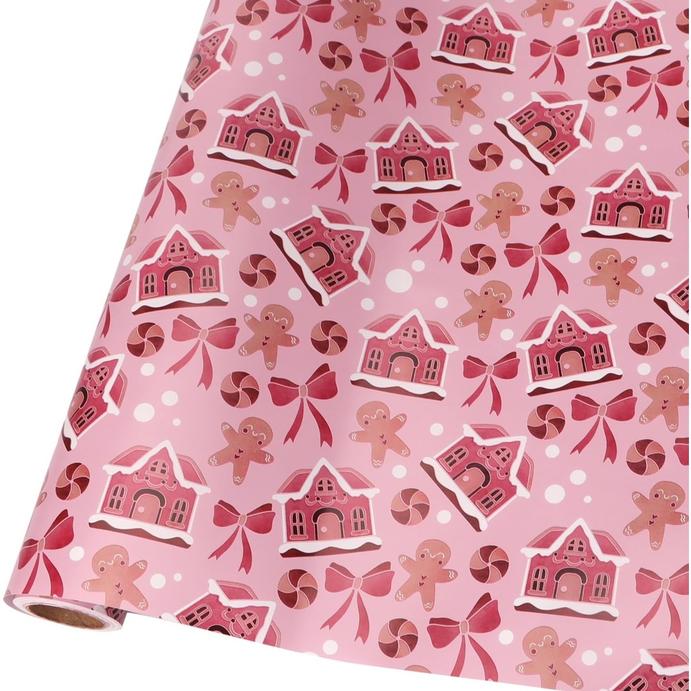Ribbli Pink Christmas Wrapping Paper Mini Roll Gingerbread Man and Candy Cane Gift Wrapping Paper for Girls Kids, Mini Roll-17 Inch x 33 Feet(Gingerbread Pink)