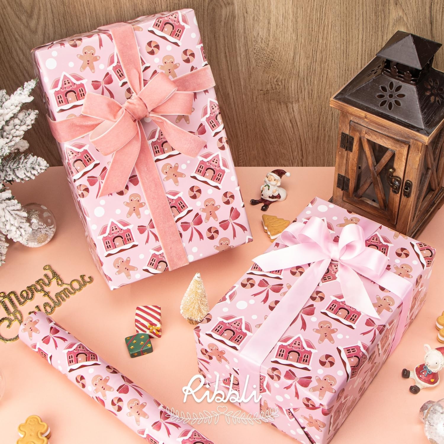 Ribbli Pink Christmas Wrapping Paper Mini Roll Gingerbread Man and Candy Cane Gift Wrapping Paper for Girls Kids, Mini Roll-17 Inch x 33 Feet(Gingerbread Pink)