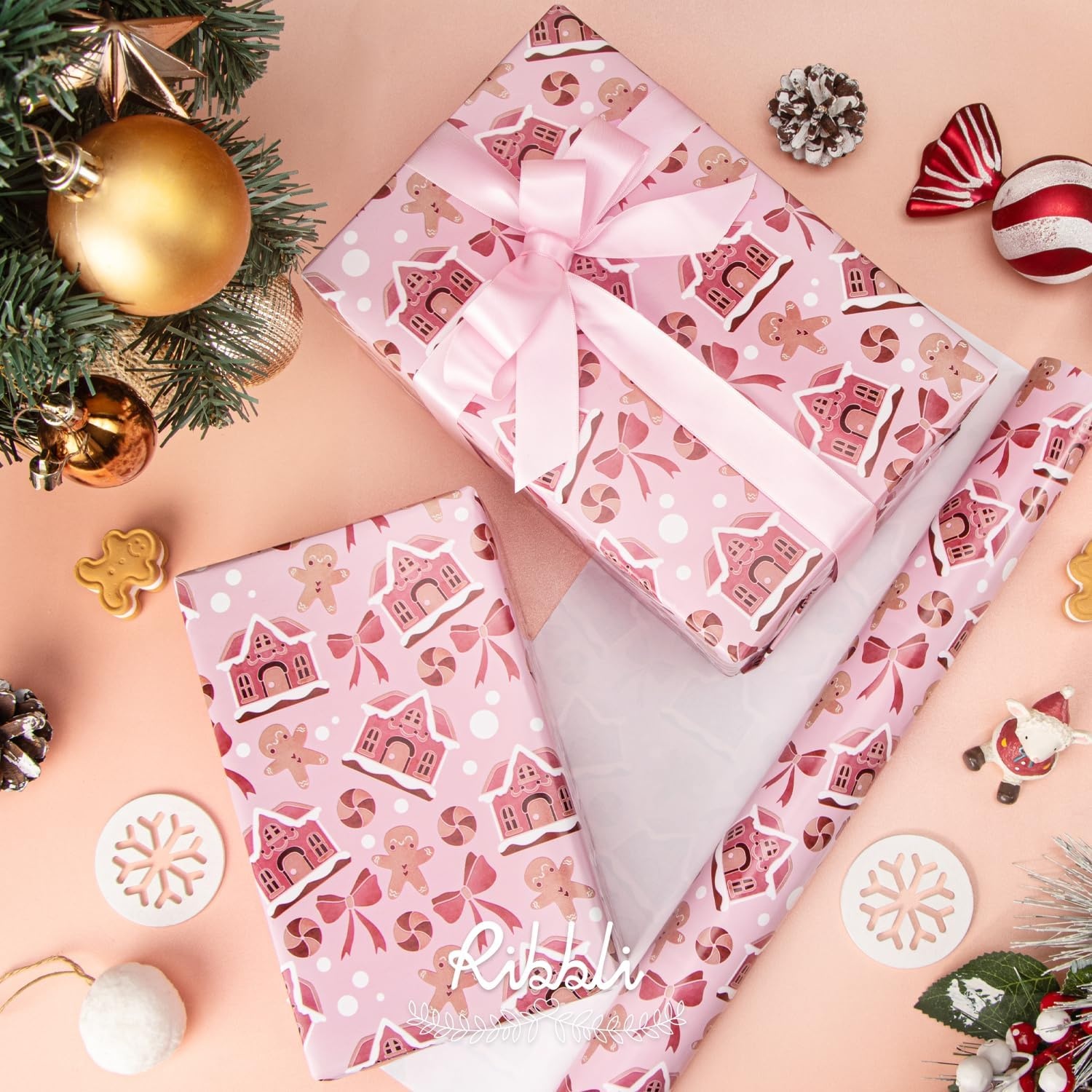 Ribbli Pink Christmas Wrapping Paper Mini Roll Gingerbread Man and Candy Cane Gift Wrapping Paper for Girls Kids, Mini Roll-17 Inch x 33 Feet(Gingerbread Pink)