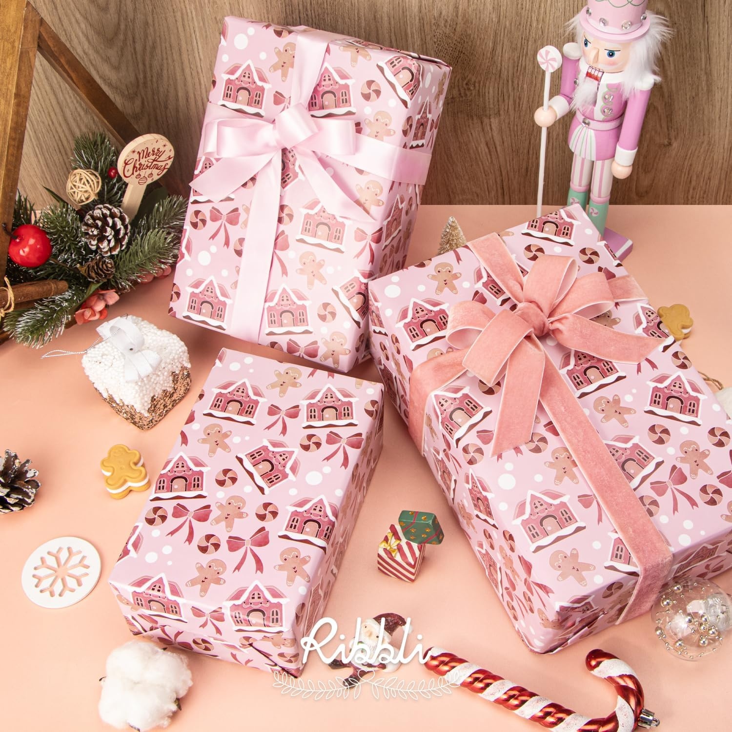 Ribbli Pink Christmas Wrapping Paper Mini Roll Gingerbread Man and Candy Cane Gift Wrapping Paper for Girls Kids, Mini Roll-17 Inch x 33 Feet(Gingerbread Pink)