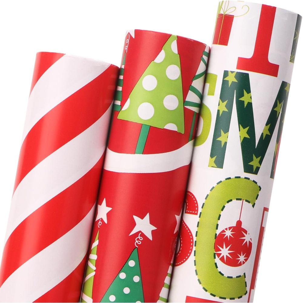 Ribbli Christmas Wrapping Paper Red White Green 3 Rolls Christmas Printed Assortment Gift Wrap Paper for Kids- Mini Roll 17 inch x 120 inch(10feet) Per Roll(Red/Green/White)